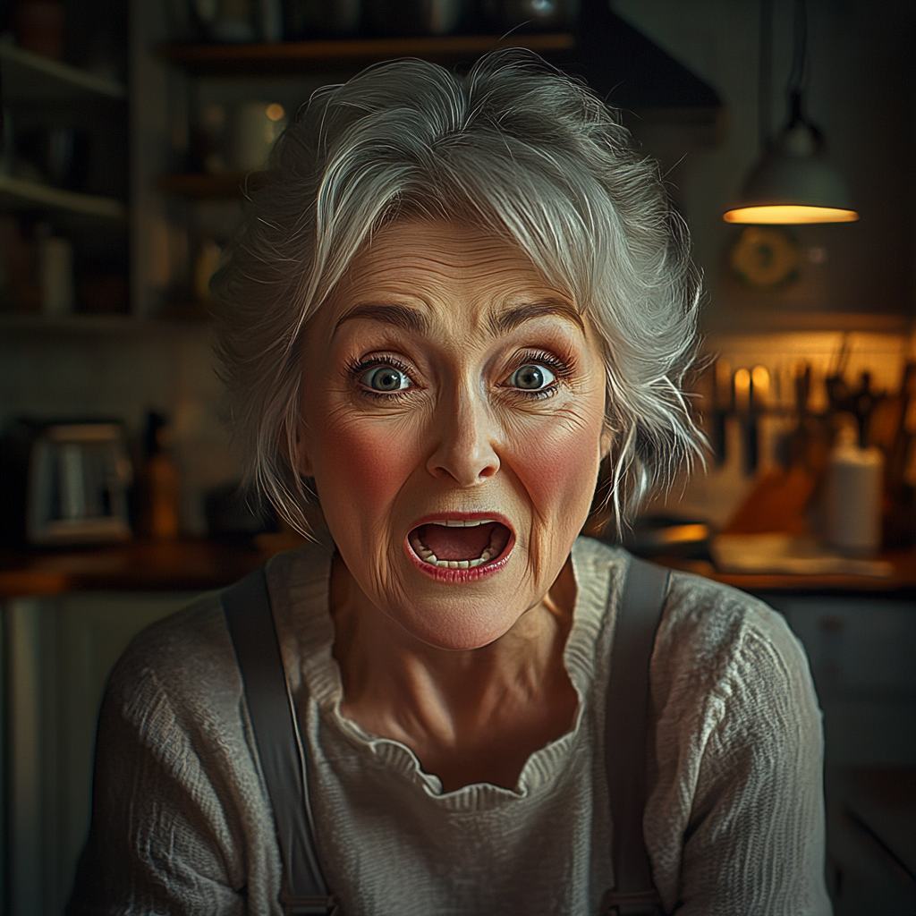 A shocked senior woman in the kitchen | Source: Midjourney