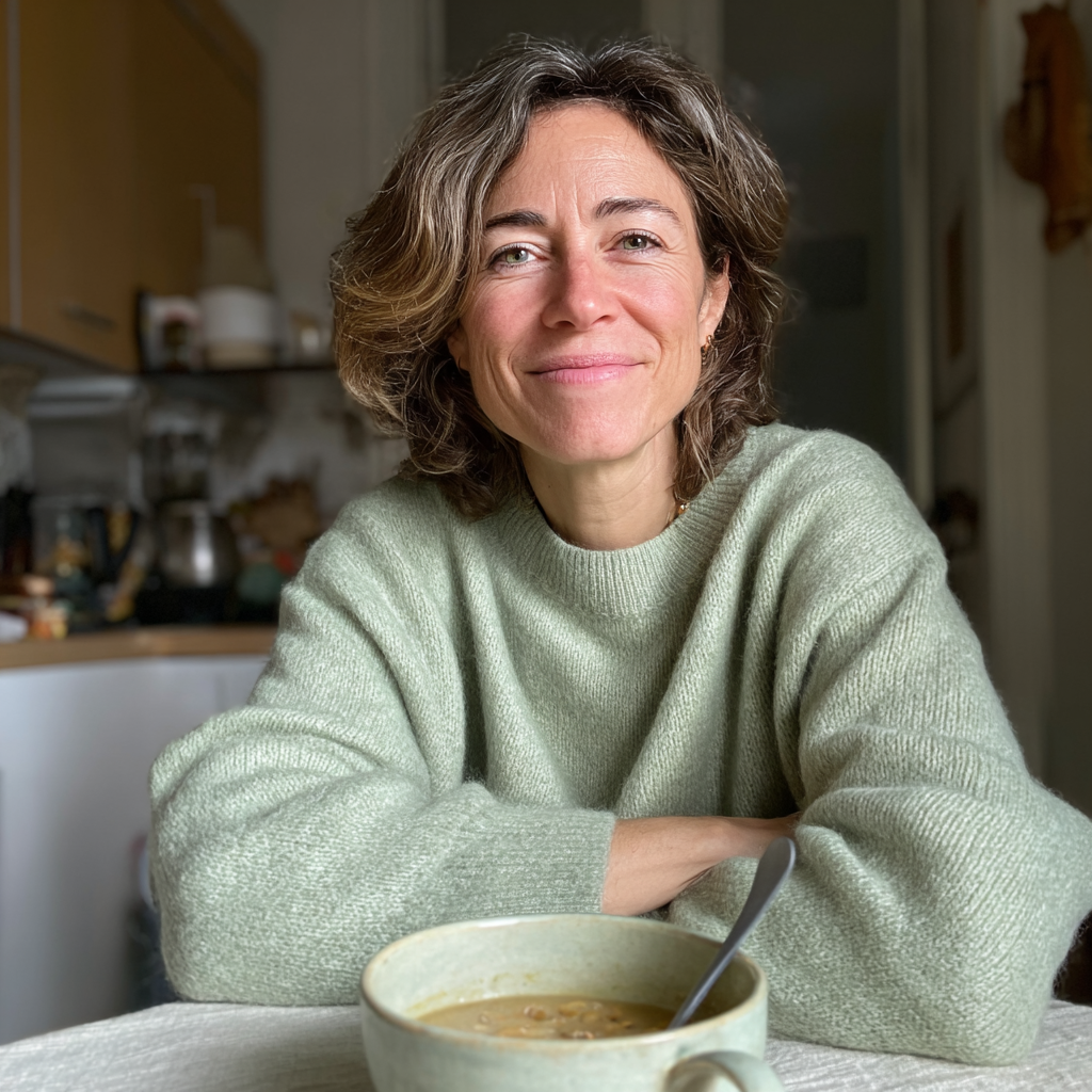 A smiling woman sitting at a table | Source: Midjourney