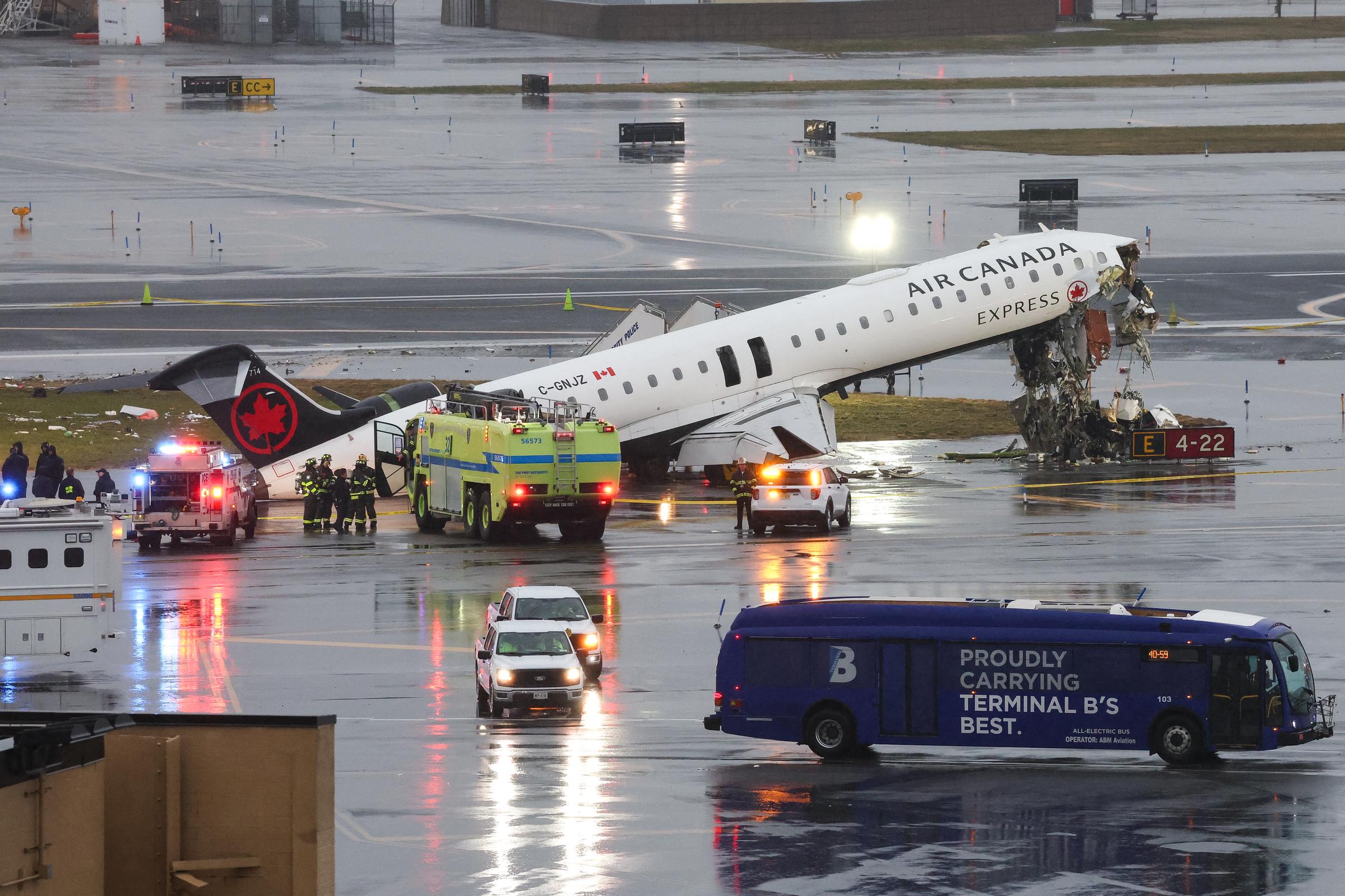 An Air Canada Express plane sits on the tarmac after it collided with a fire truck on the tarmac at LaGuardia Airport on March 23, 2026 | Source: Getty Images
