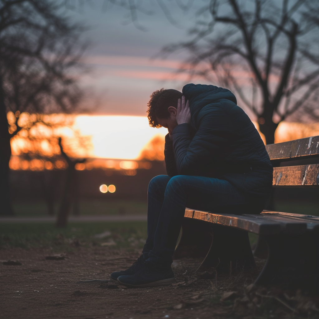 A depressed man sitting alone on a bench outdoors | Source: Midjourney