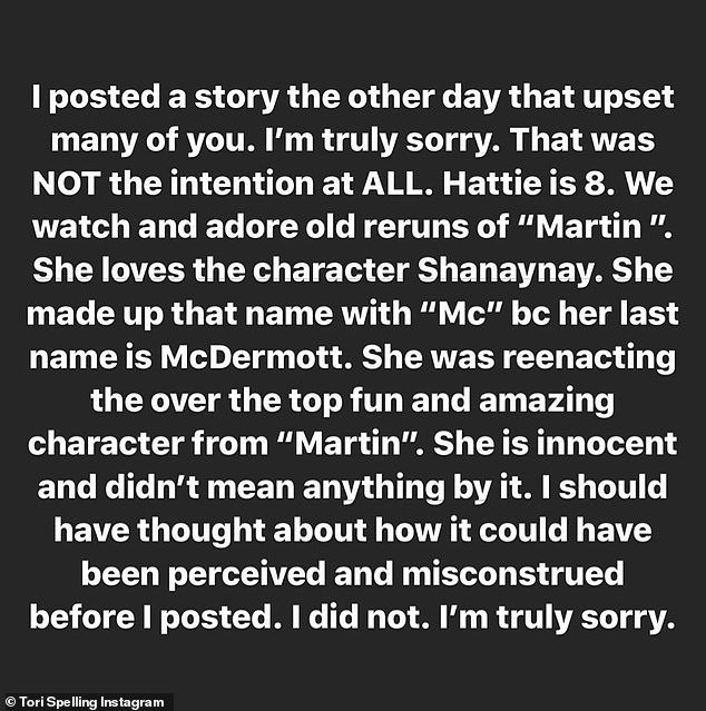 Tori Spelling's apology after receiving backlash over her posted picture of her daughter as they self-isolate amid the coronavirus pandemic. | Source: InstagramStories/torispelling.