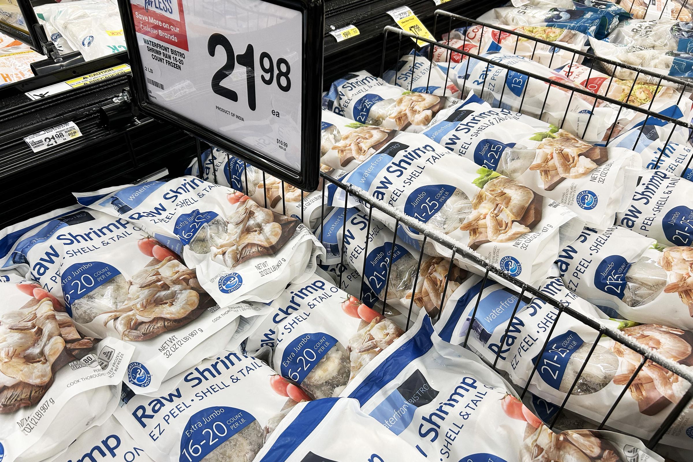 Packets of raw shrimp at a store in Annapolis, Maryland on April 4, 2025. | Source: Getty Images