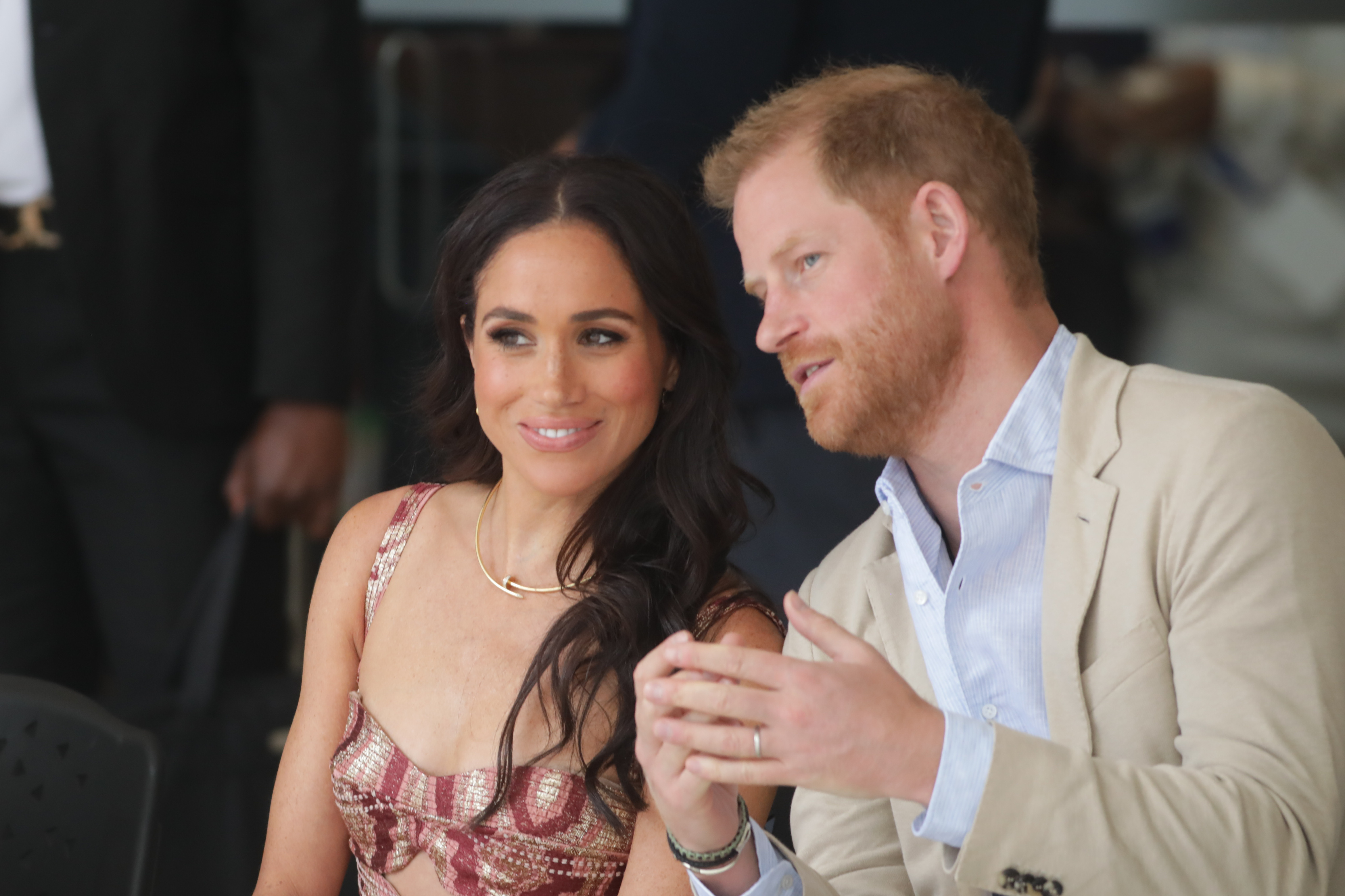 Prince Harry and Meghan Markle are all smiles in Bogotá, Colombia, on August 15, 2024 | Source: Getty Images