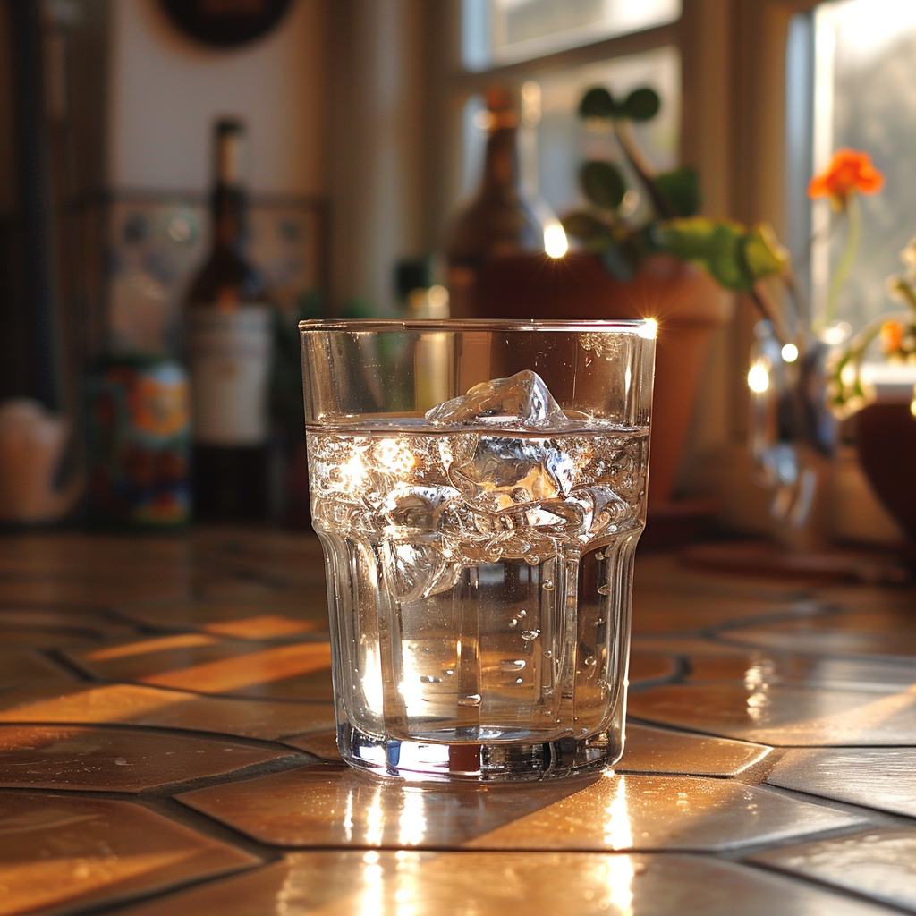 A glass of water on a counter | Source: Midjourney