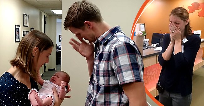 Matt and Katie Curtis meeting their adopted baby, Natalie Gray, for the first time [left]; Katie Curtis crying after hearing that the baby she and her husband are going to adopt, Natalie Gray, has been born [right]. │Source: youtube.com/Genesis Media