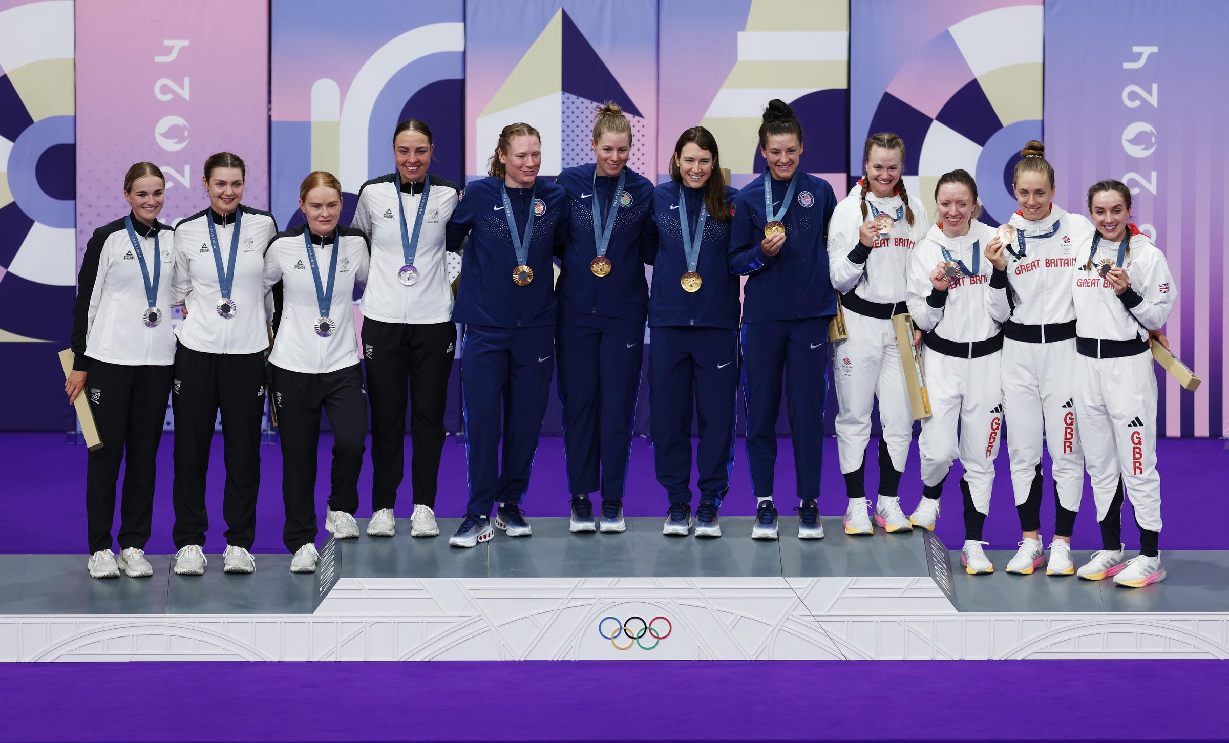 Team New Zealand, Team USA, and Team Great Britain after the Women's Team Pursuit at the Paris Olympics in Paris, France on August 7, 2024 | Source: Getty Images