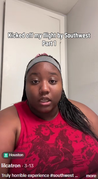 The Houston-based passenger said airline staff described her as a "very large woman" in full view of waiting travellers. | Source: TikTok/@lilcatron