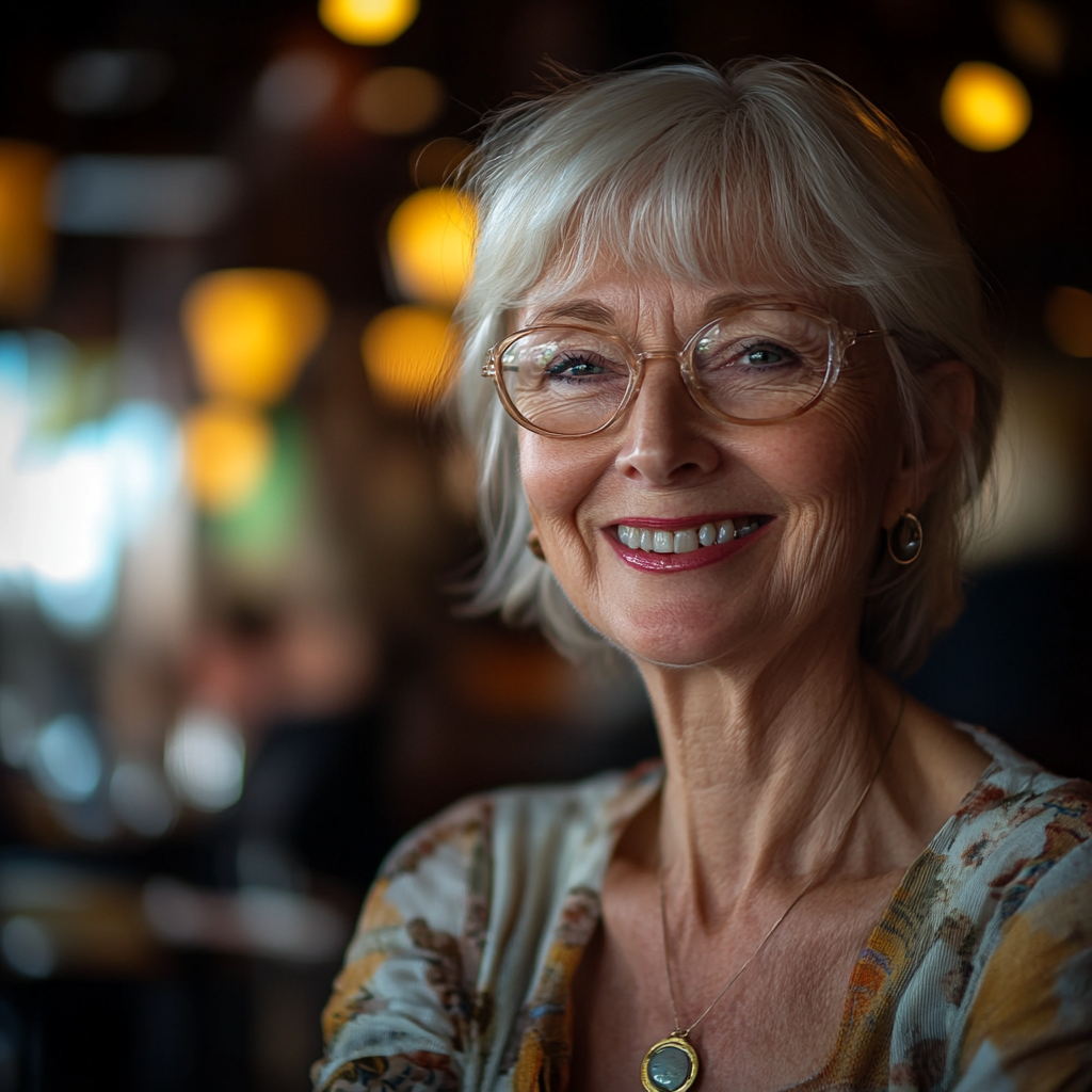 A senior woman smiles softly while sitting in an upscale restaurant | Source: Midjourney