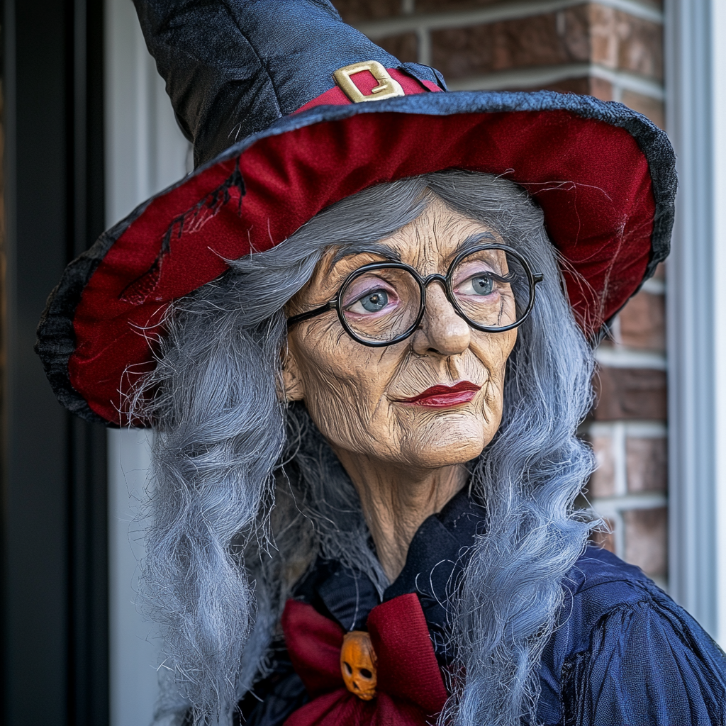 A closeup of a decorative witch figure outside a house during Halloween | Source: Midjourney