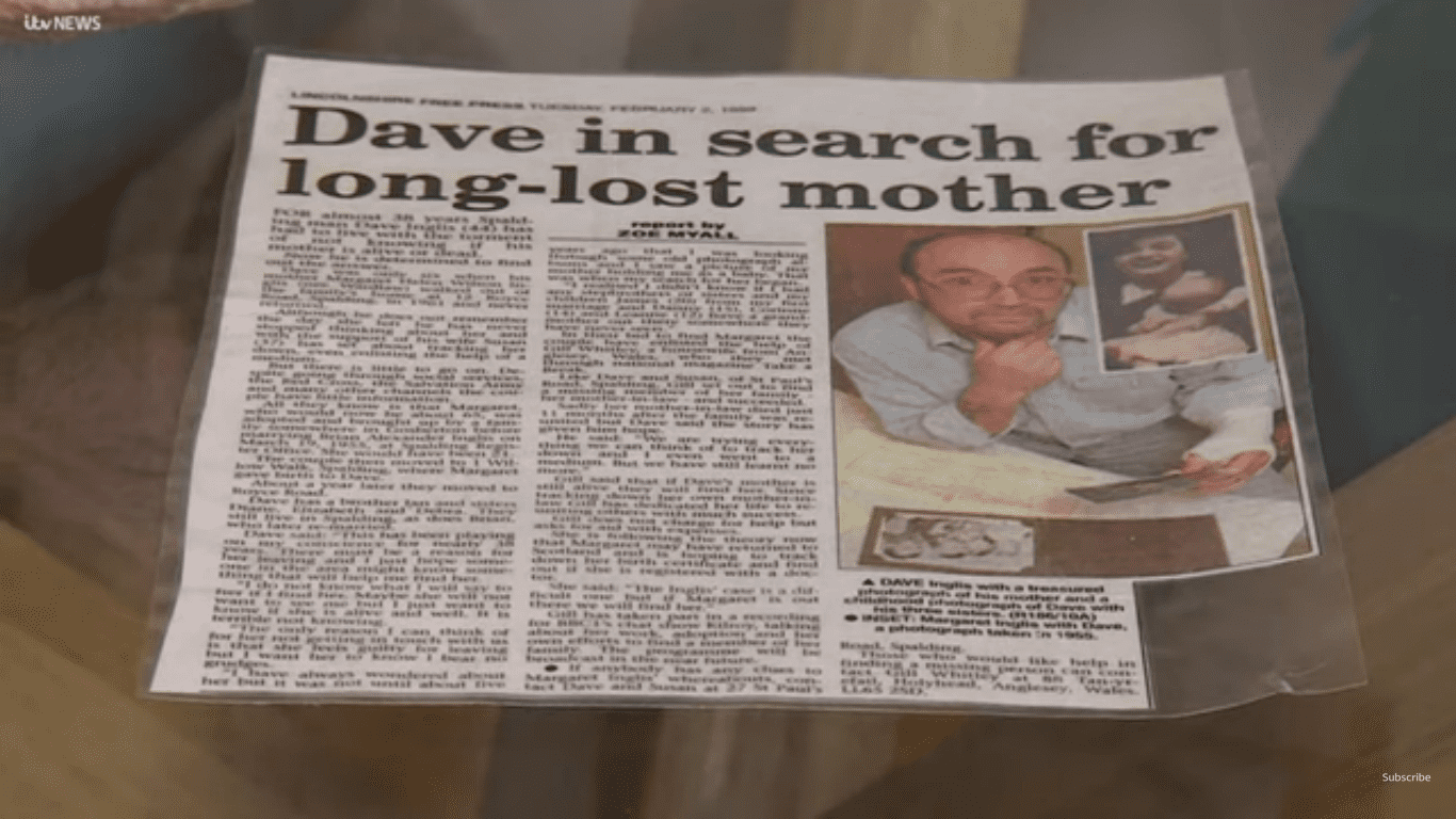  Margaret Shimkus son, Dave Inglis requested his local newspaper's help in searching for his mother. | Photo:Youtube.com/ITV News