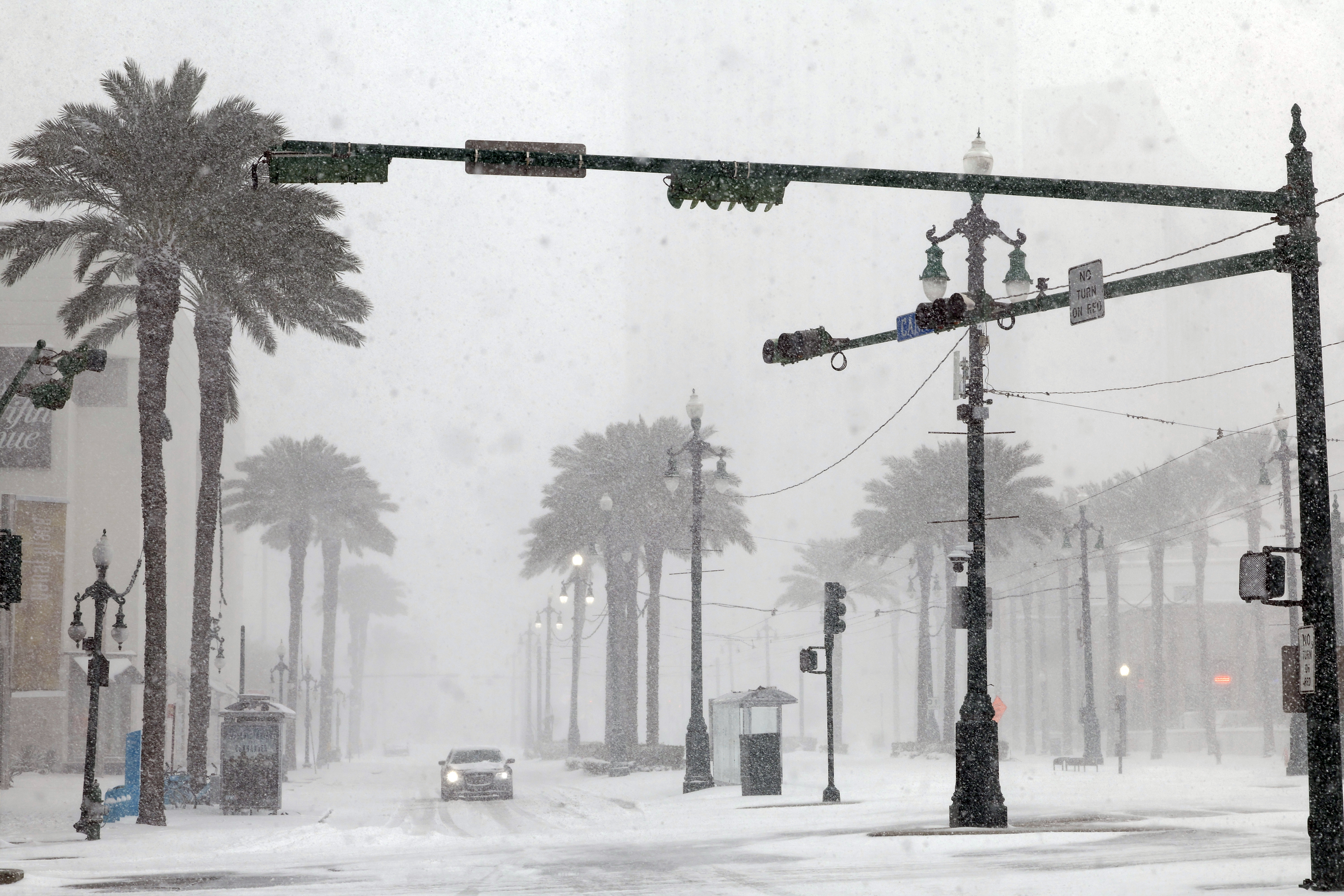 A view of Canal Street covered in snow in New Orleans, Louisiana on January 21, 2025. | Source: Getty Images