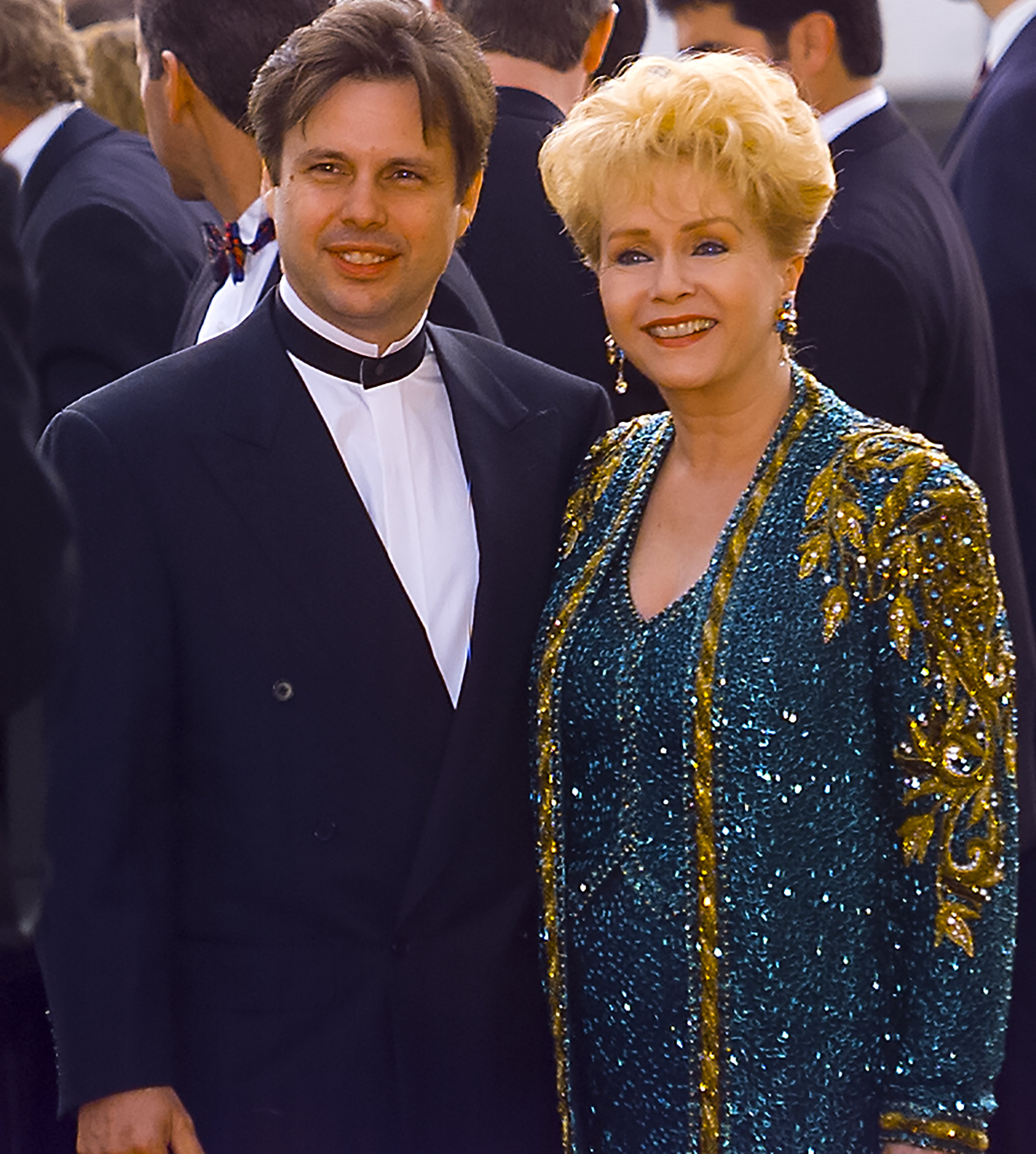 Debbie Reynolds and her son Todd Fisher arrive at the Golden Globe Awards Show on January 19, 1997 in Beverly Hills, California