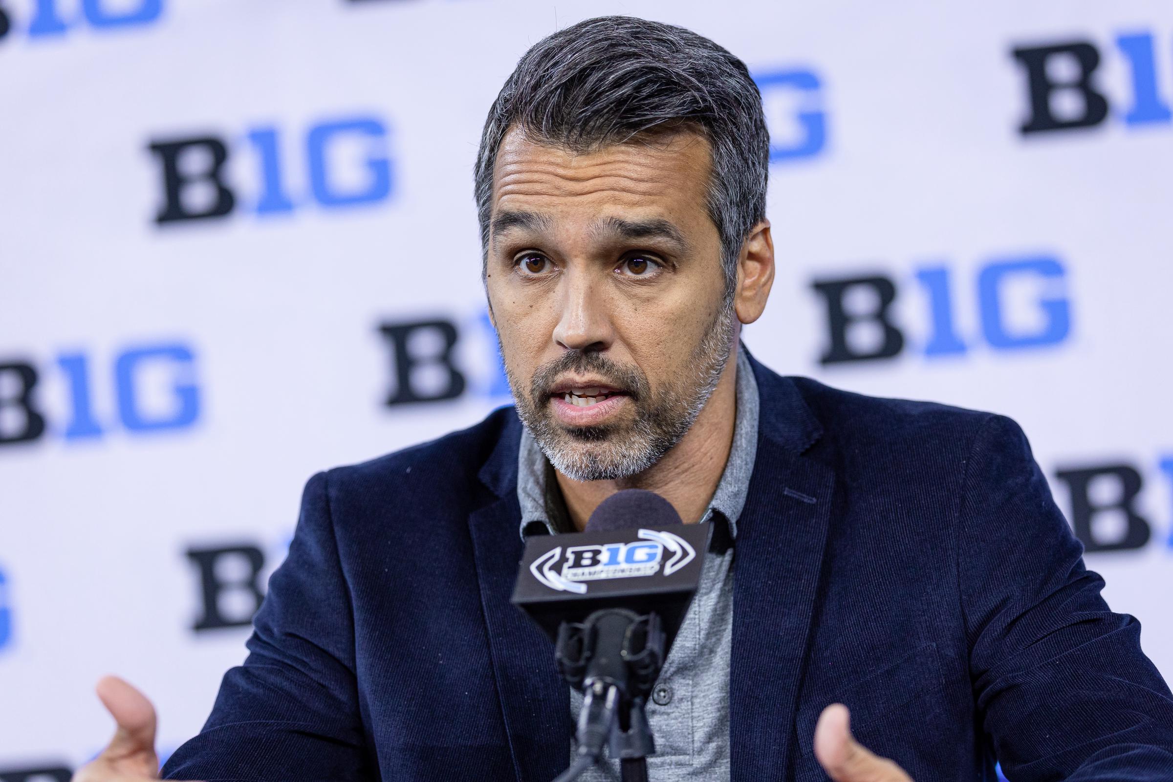Ahmed Fareed of NBC Sports speaks at Big Ten football media days at Lucas Oil Stadium in Indianapolis, Indiana on July 26, 2023. | Source: Getty Images