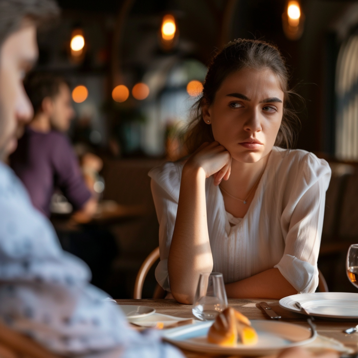 A woman is angry at her boyfriend during their date in a restaurant | Source: Midjourney
