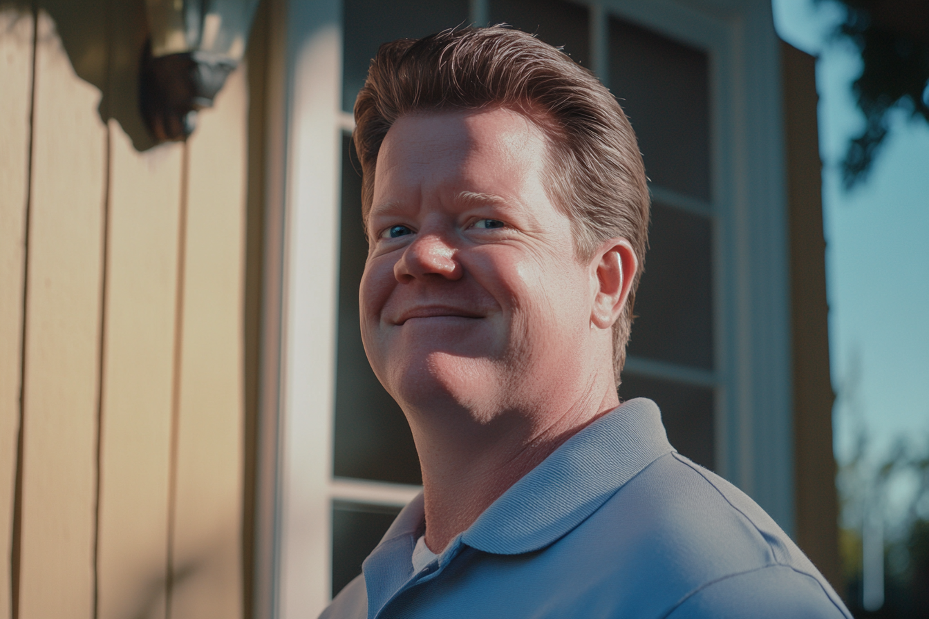 A man standing outside a house, smiling | Source: Midjourney