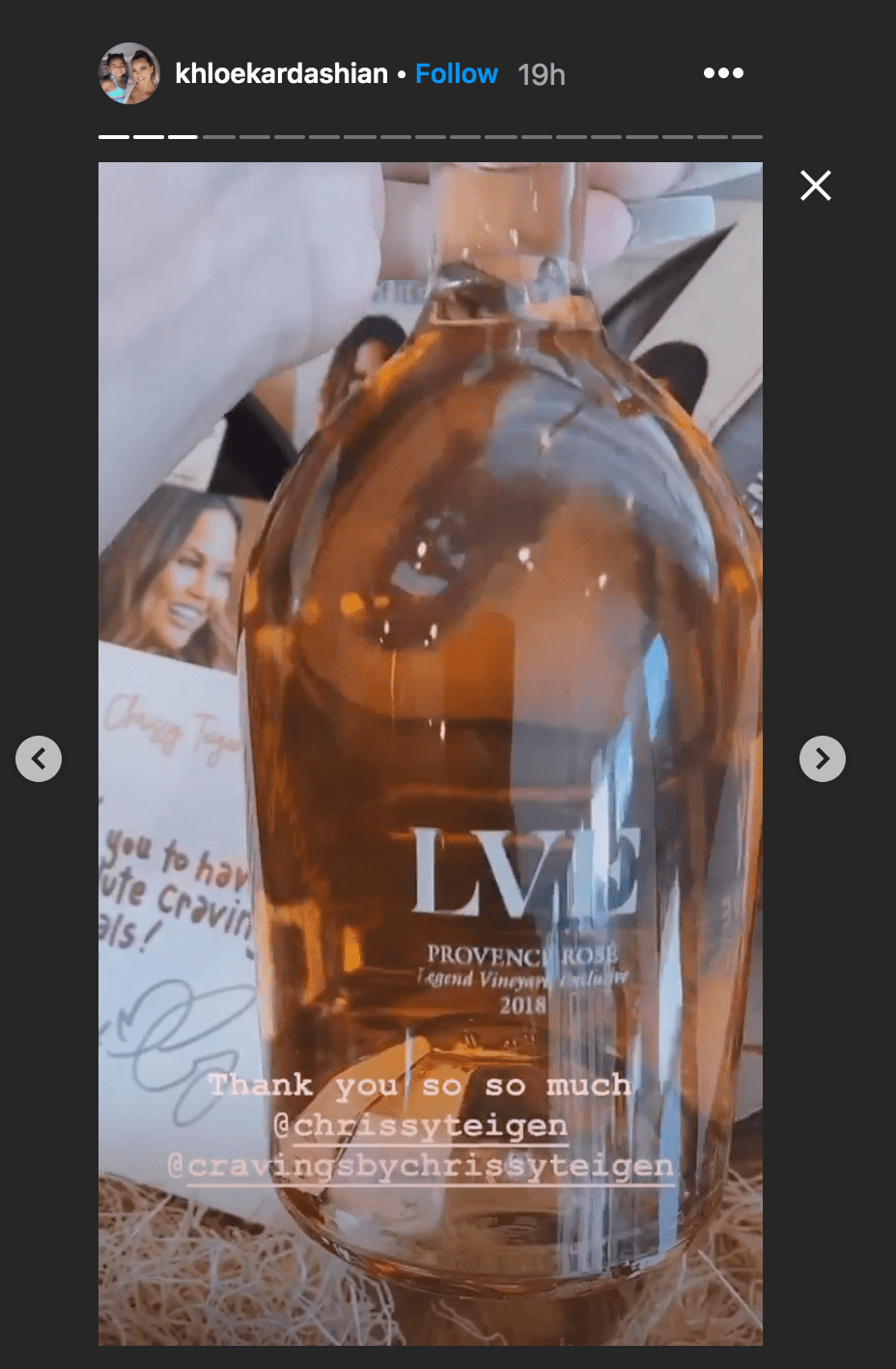 Khloe Kardashian shared a video of her displaying John Legend's LVE Provence Rose wine she received from Chrissy Teigen | Source: Instagram.com/khloekardashian