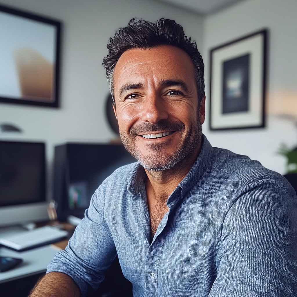 A smiling man sitting in his office | Source: Midjourney