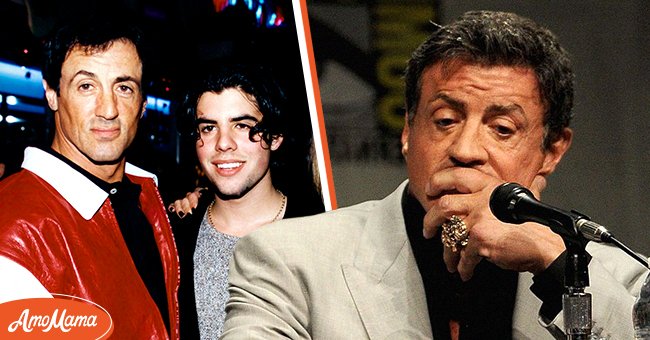 [Left] Sylvester Stallone and his son Sage Stallone at the opening of Planet Hollywood in Disneyland, Paris; [Right] Actor Sylvester Stallone speaks at 