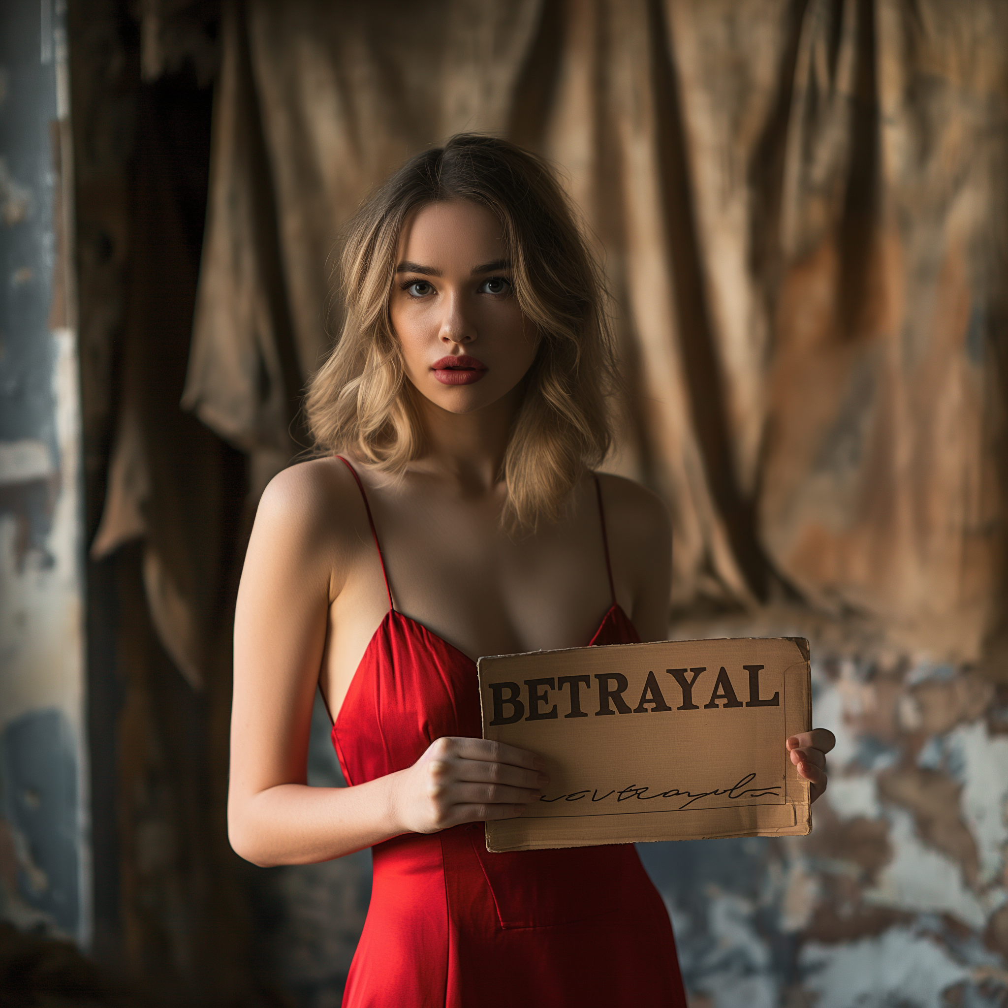 A woman holding a "BETRAYAL" sign | Source: Midjourney