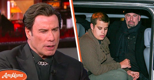 John Travolta on Jimmy Kimmel Live (left), John Travolta leaving the 'Relais Plaza' restaurant with his son Jett Travolta on November 03, 2008, in Paris (right) | Photo: Getty Images, Youtube.com/Jimmy Kimmel Live Getty Images