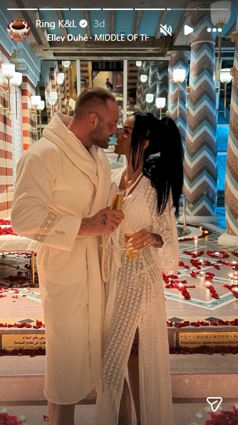 Lee Andrews and Katie Price pose together in Dubai shortly after announcing their surprise engagement, with the couple seen celebrating amid rose petals and candlelight. | Source: Instagram/wesleeeandrews
