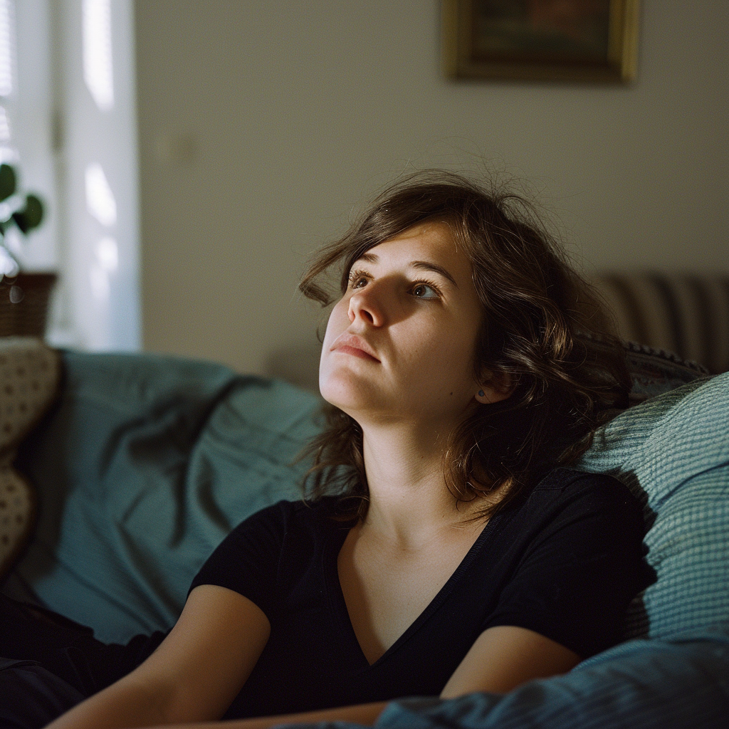 A thoughtful woman sitting alone on the couch | Source: Midjourney