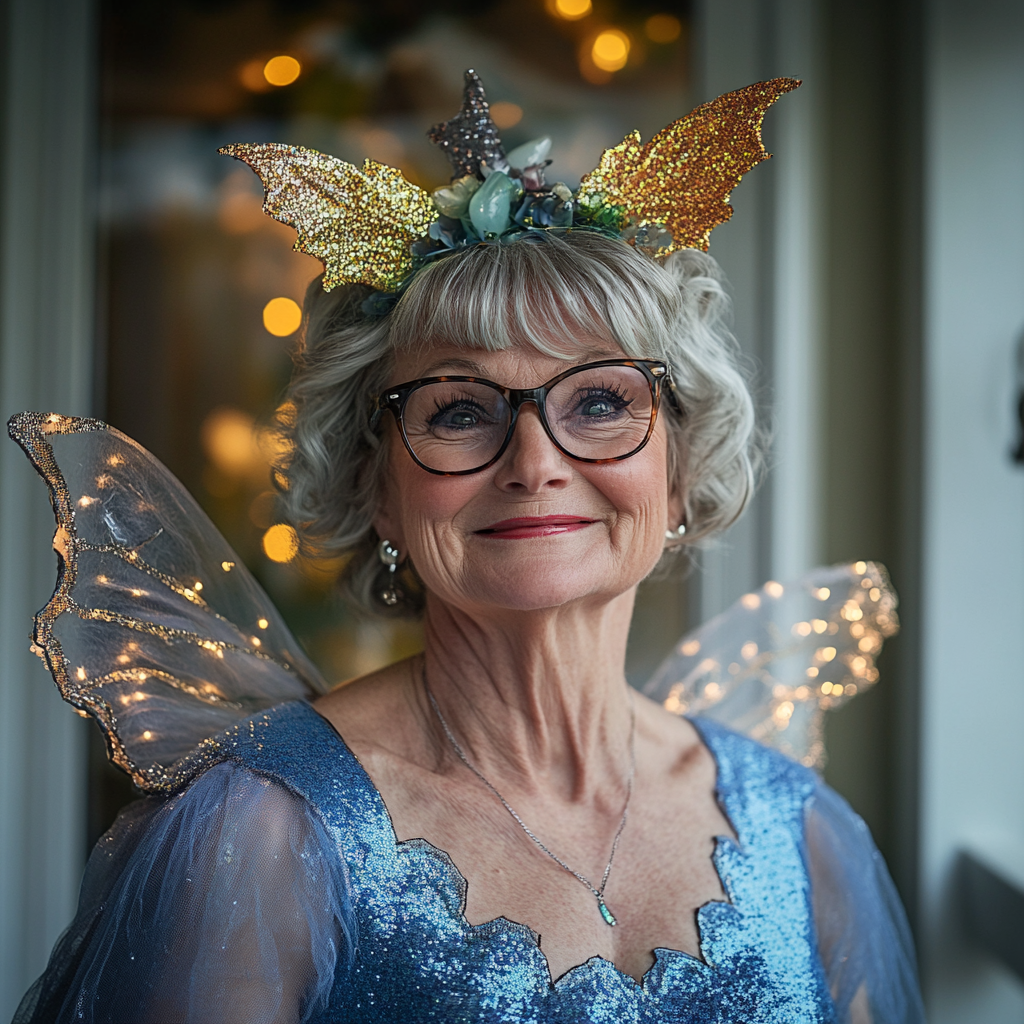 A smiling woman dressed as a fairy godmother for Halloween | Source: Midjourney