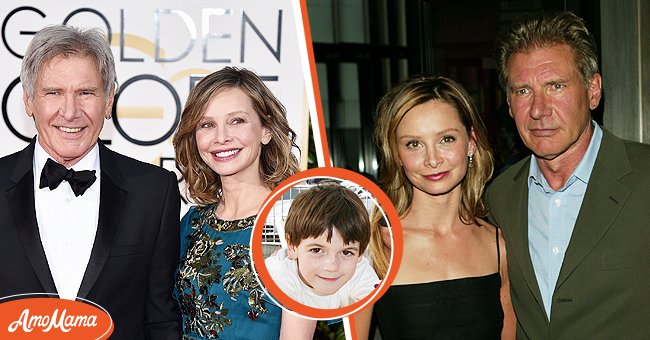 Harrison Ford and Calista Flockhart on January 10, 2016 in Beverly Hills, California [left]. Ford and Flockhart's son, Liam, on November 4, 2007 in Santa Monica, California [center]. Ford and Flockhart in New York City on July 17, 2002 [right] | Source: Getty Images