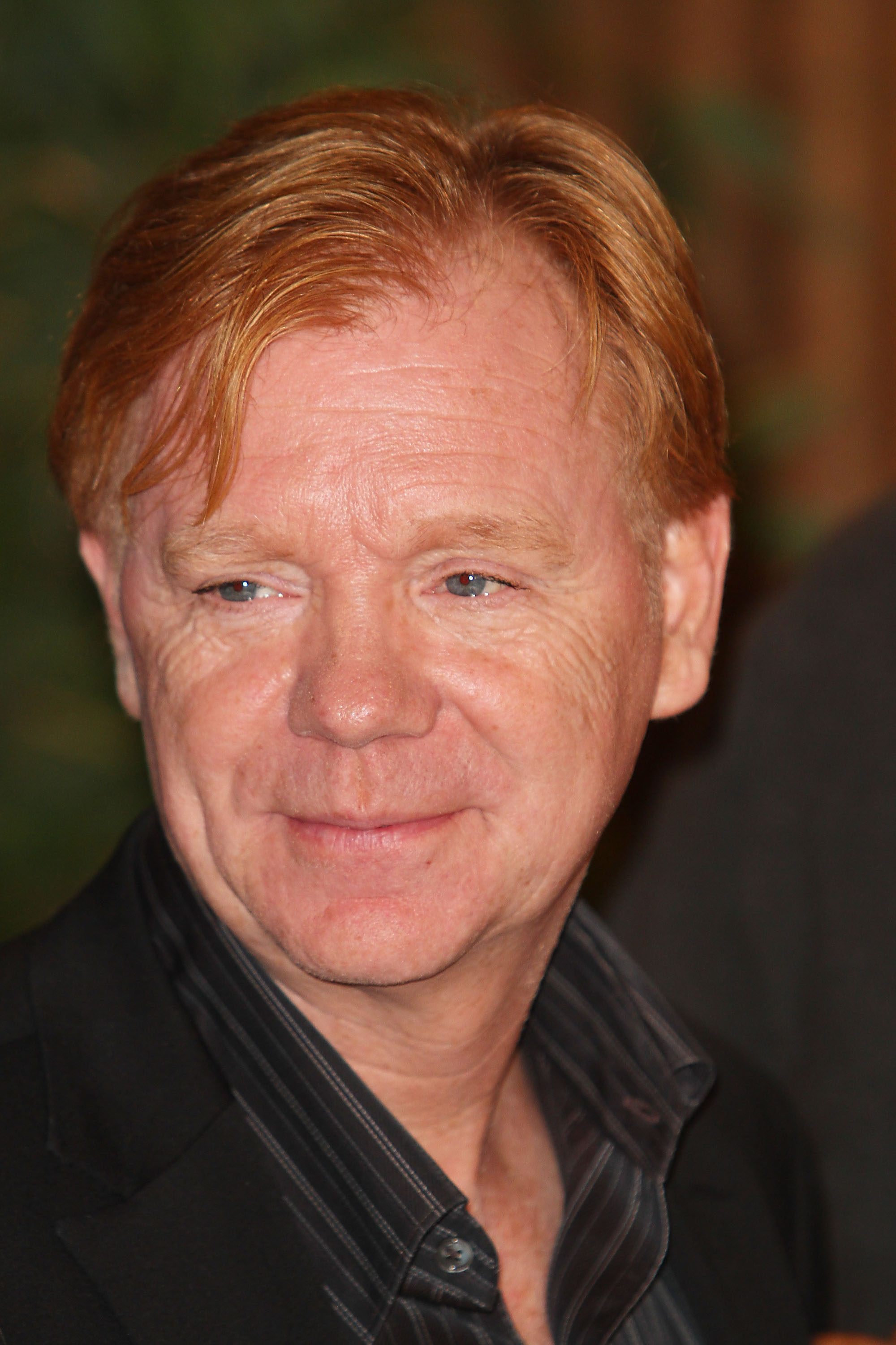 David Caruso smiles softly in a dark blazer and striped shirt while attending the "CSI: Miami" 200th episode cake-cutting ceremony at Raleigh Manhattan Studios.