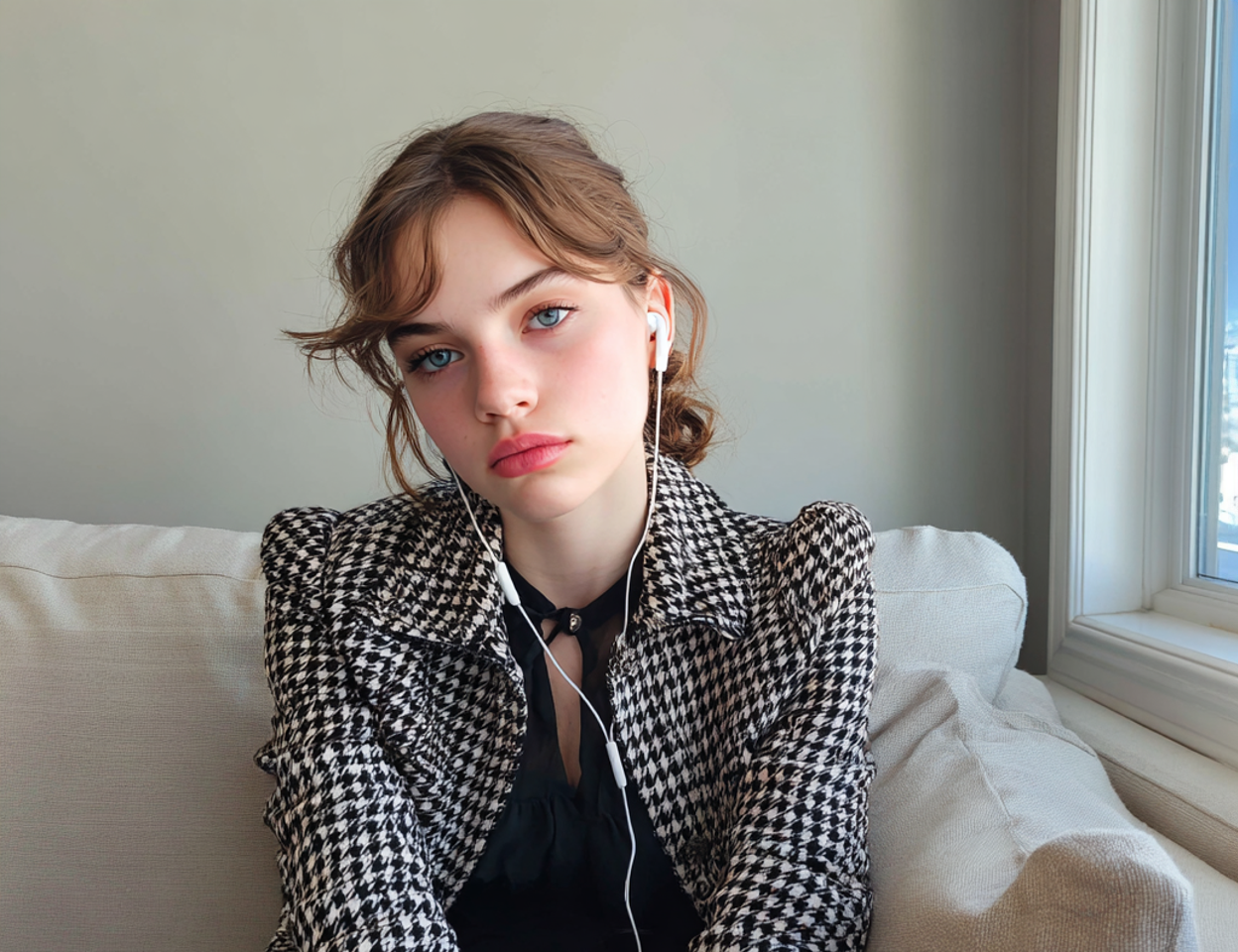 A teenage girl sitting with her earphones in | Source: Midjourney