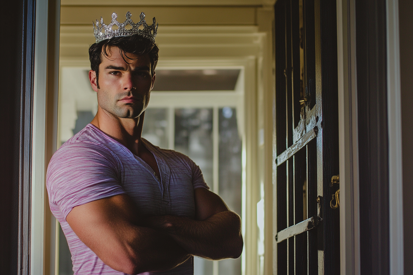 A stern man wearing a princess tiara | Source: Midjourney