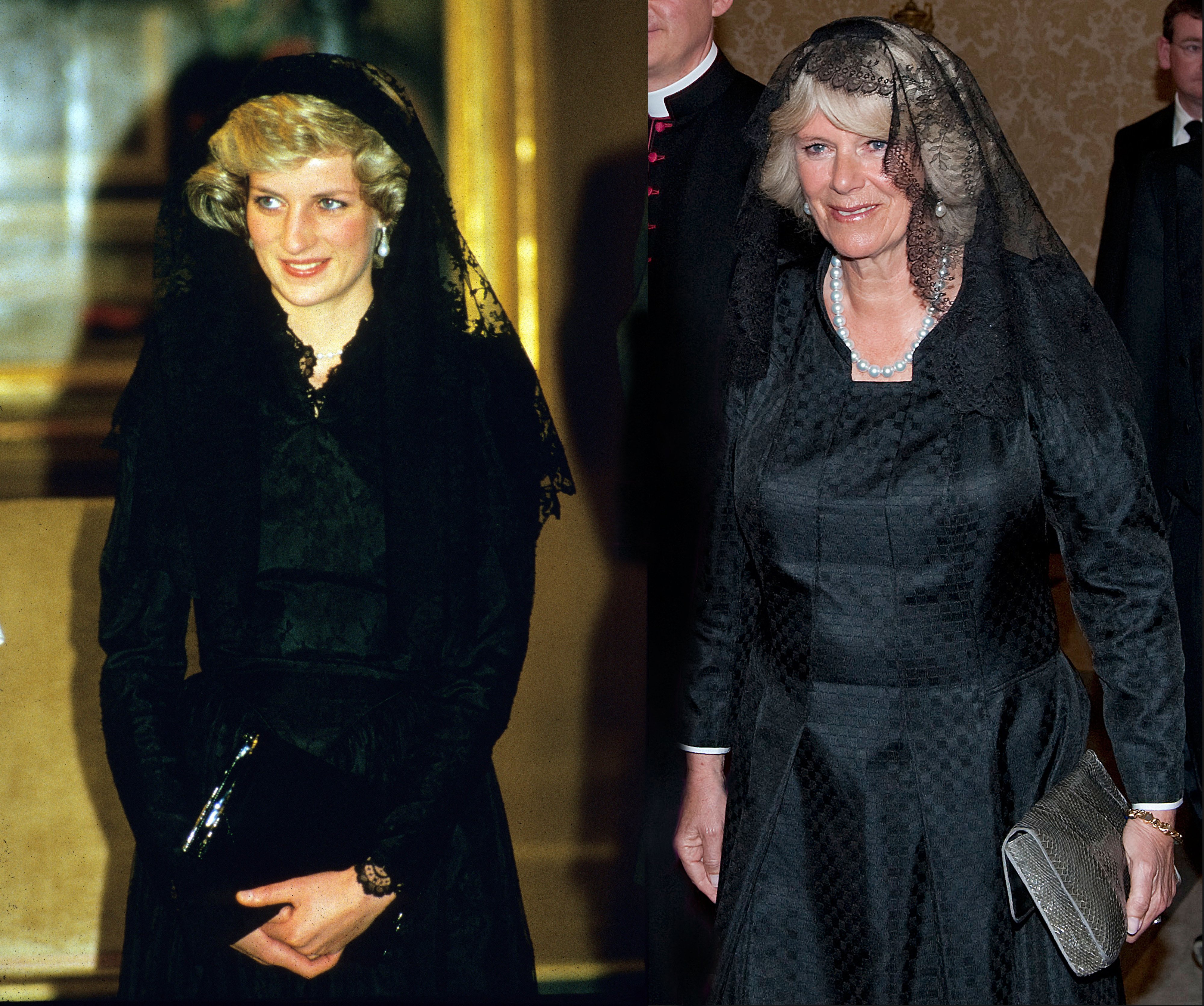 Composite image comparison between Princess Diana as she arrives at the Vatican in April 1985 and Camilla, Duchess of Cornwall meeting Pope Benedict XVI at St. Peter's Basilica on April 27, 2009 in Vatican City, the Vatican | Source: Getty Images