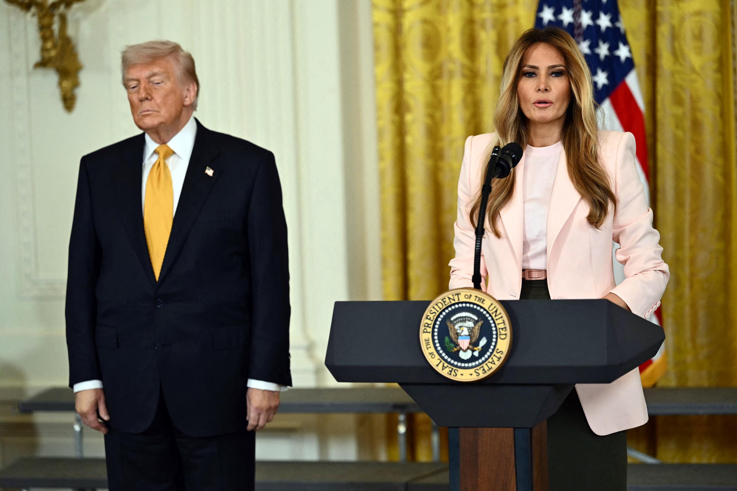 Donald Trump and Melania Trump participate in a Military Mother's Day Event in the East Room of the White House on May 6, 2026, in Washington, DC | Source: Getty Images