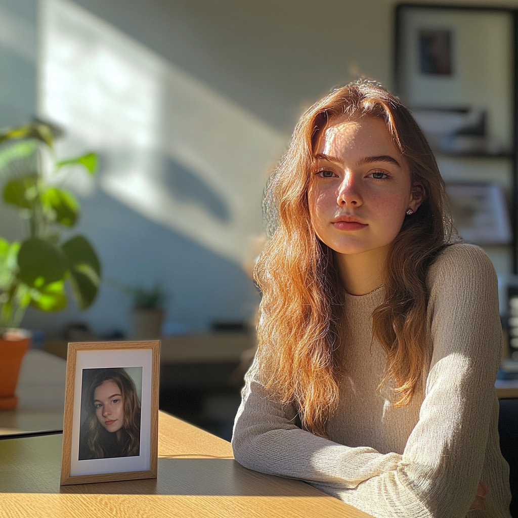 Woman seated next to her photo frame | Source: Midjourney