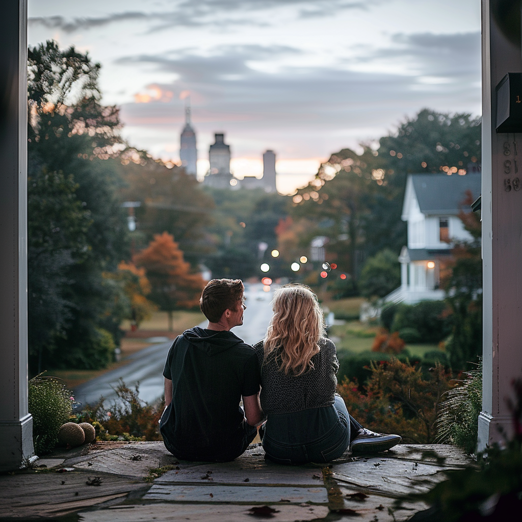 A back-view of a couple sitting outside their house | Source: Midjourney