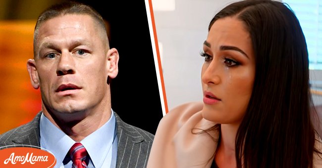Left: John Cena at CinemaCon Big Screen Achievement Awards on March 30, 2017 in Las Vegas, Nevada. Right: Nikki Bella on her show "Total Bellas" | Photo: Getty Images, Youtube.com/WWE