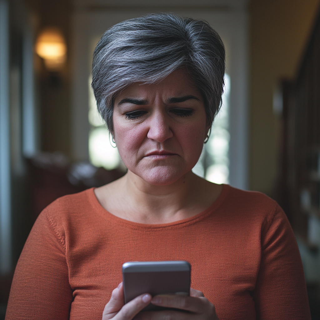 An upset woman typing something on her phone | Source: Midjourney