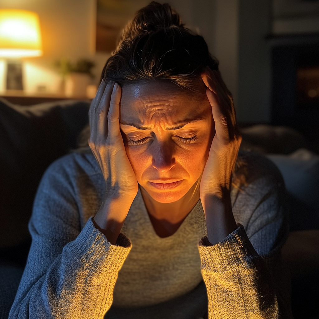 A frustrated woman sitting on a couch | Source: Midjourney