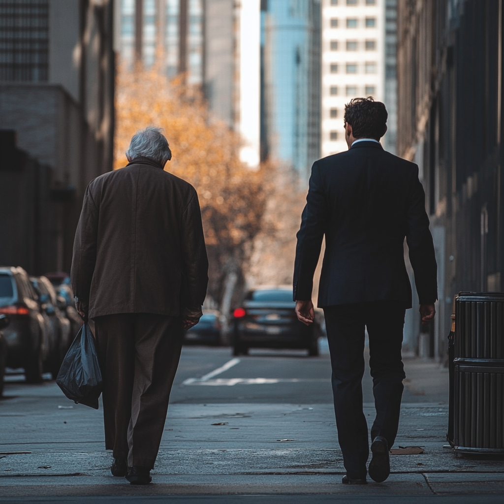 Two men walking down the street | Source: Midjourney