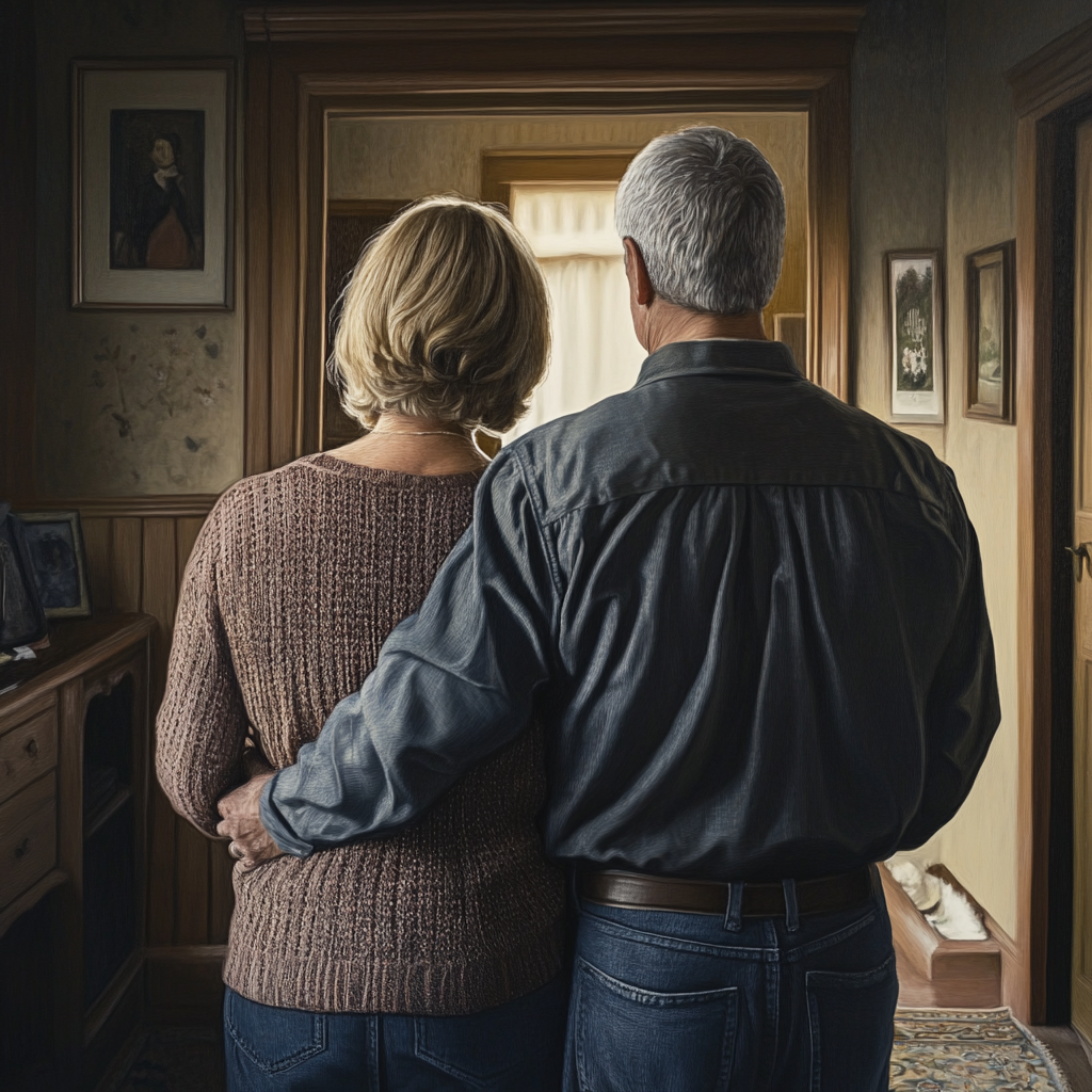 Middle aged couple standing in their house | Source: Midjourney