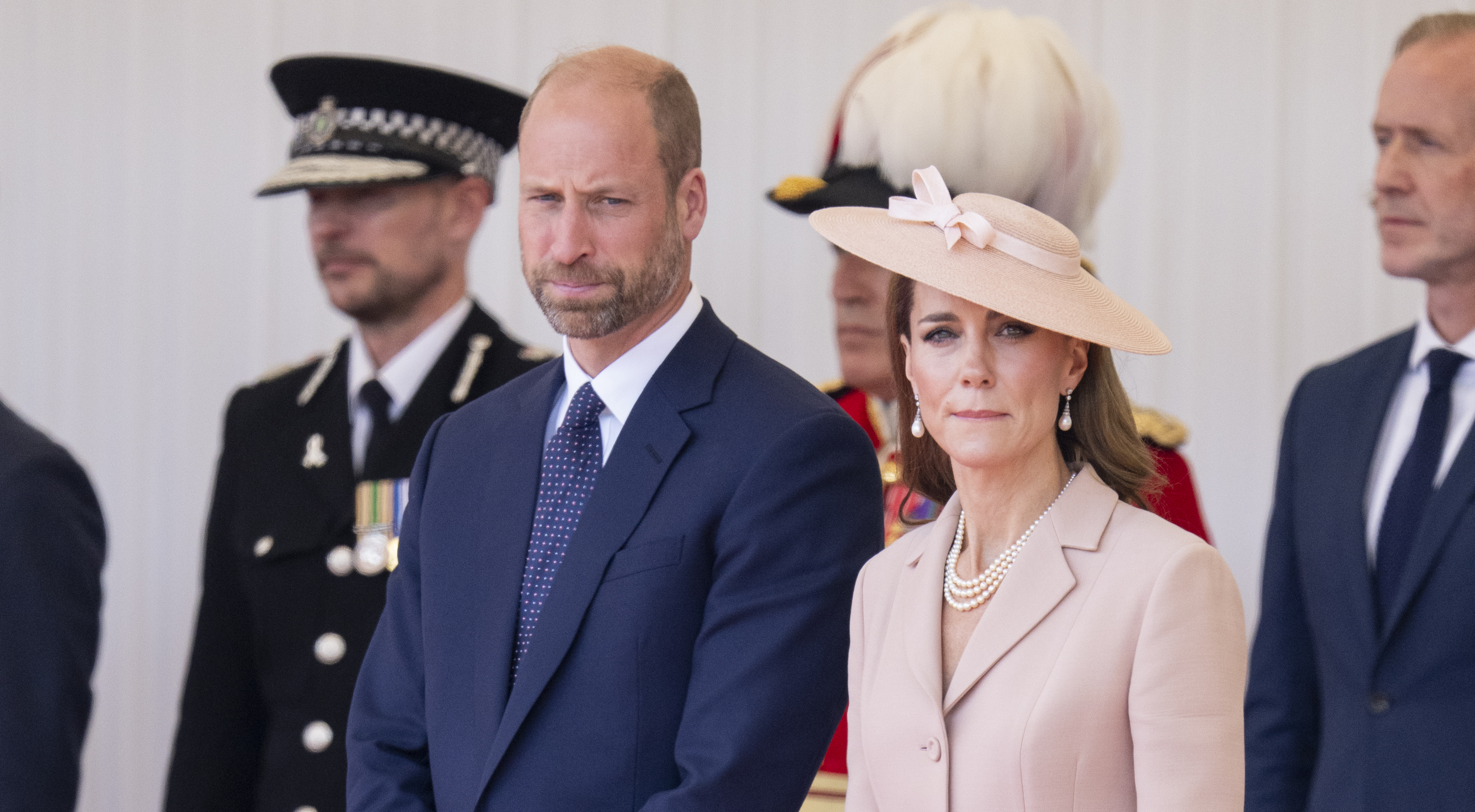 Prince William and Princess Catherine standing together during the welcome ceremony of the official state visit of French President Emmanuel Macron and his wife, Brigitte Macron, to the United Kingdom.