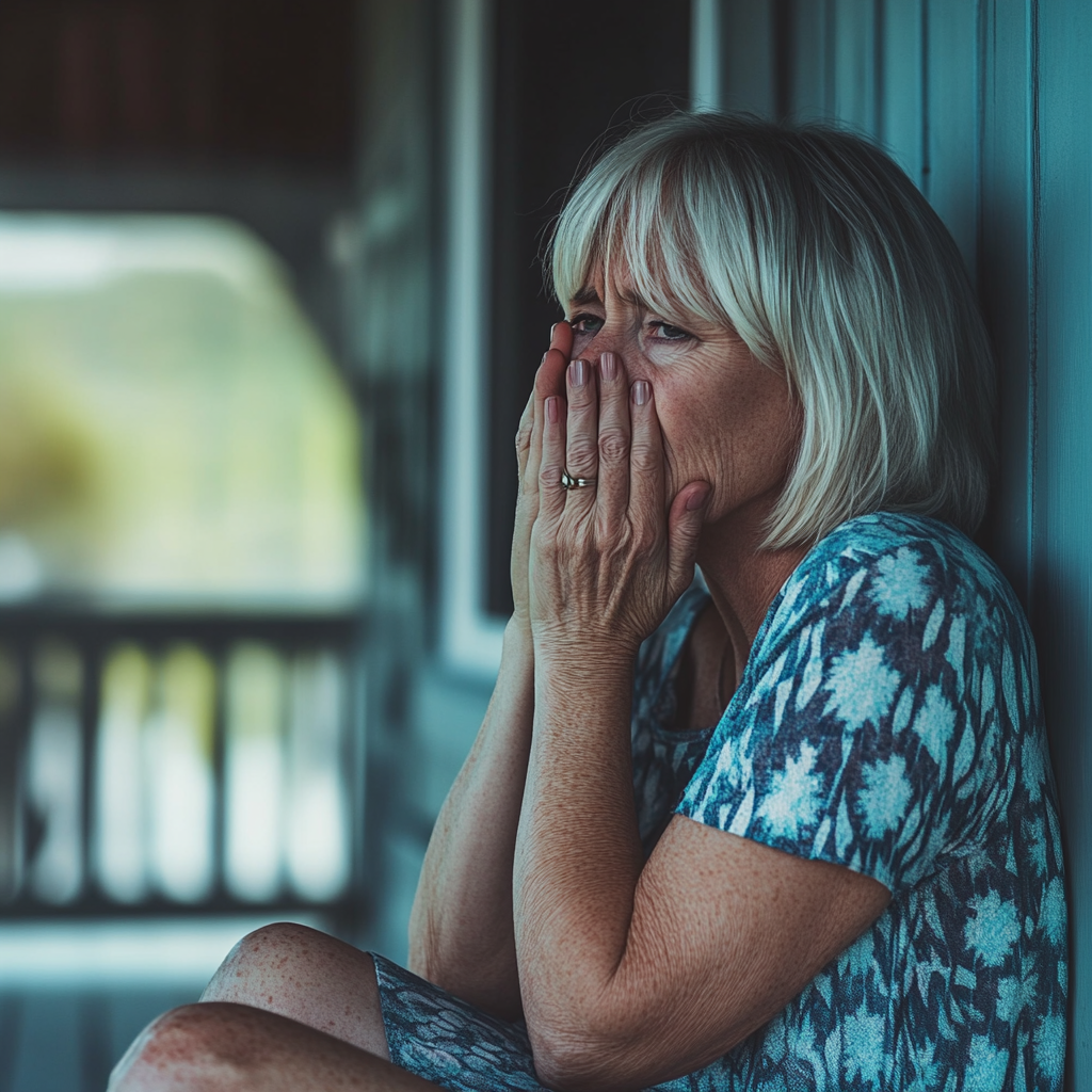 A devastated woman sitting on her porch | Source: Midjourney