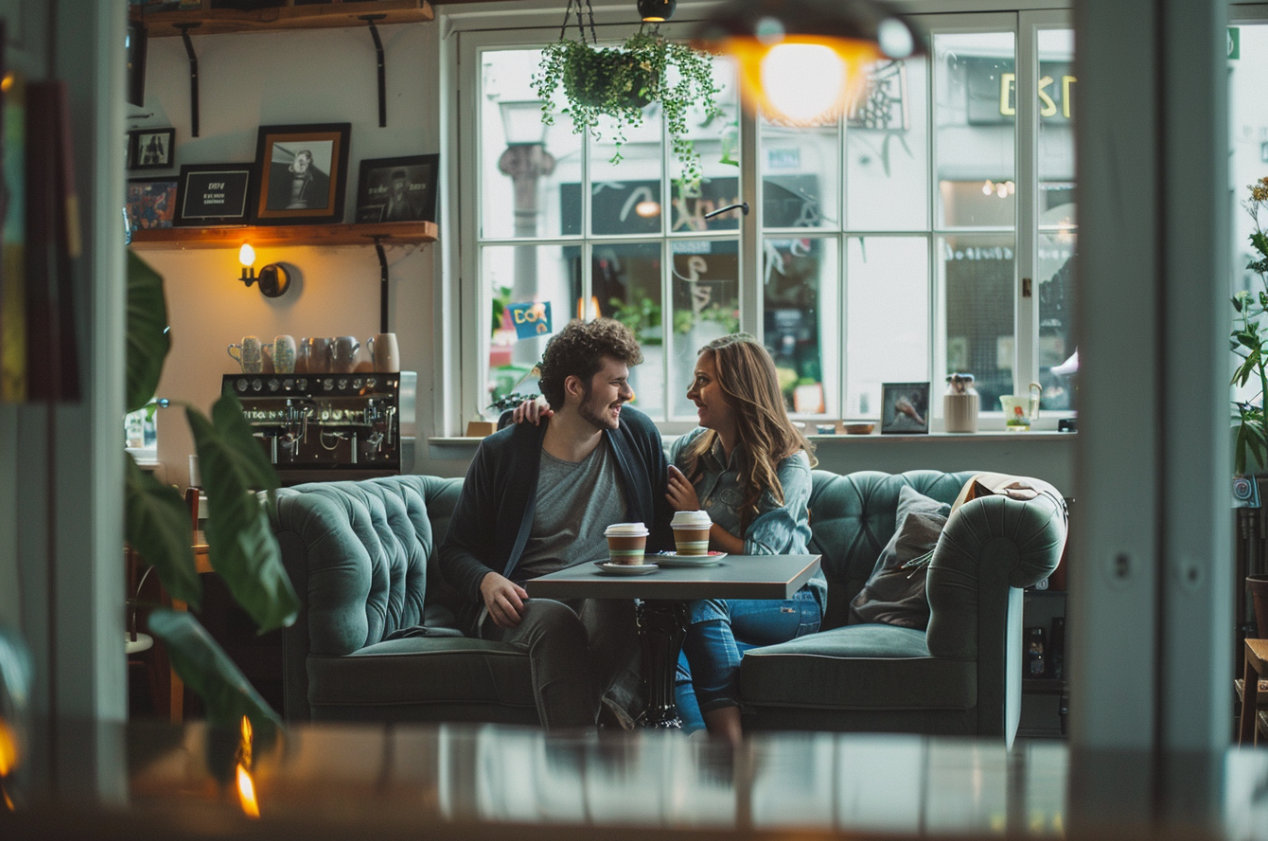 A couple on a sofa in a coffee shop | Source: Midjourney