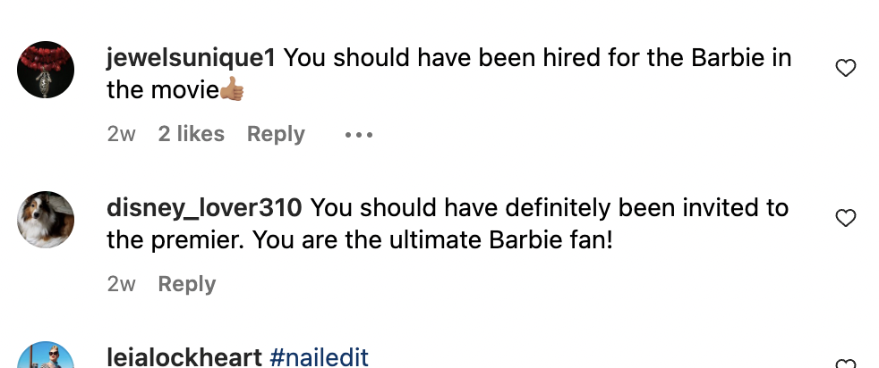 Fan comments on Kayla LaVende's Instagram side-by-side photo of her and Margot Robbie wearing the same outfit as the star walks the carpet at the "Barbie" world premiere on July 10, 2023 | Source: Instagram/wls_barbie