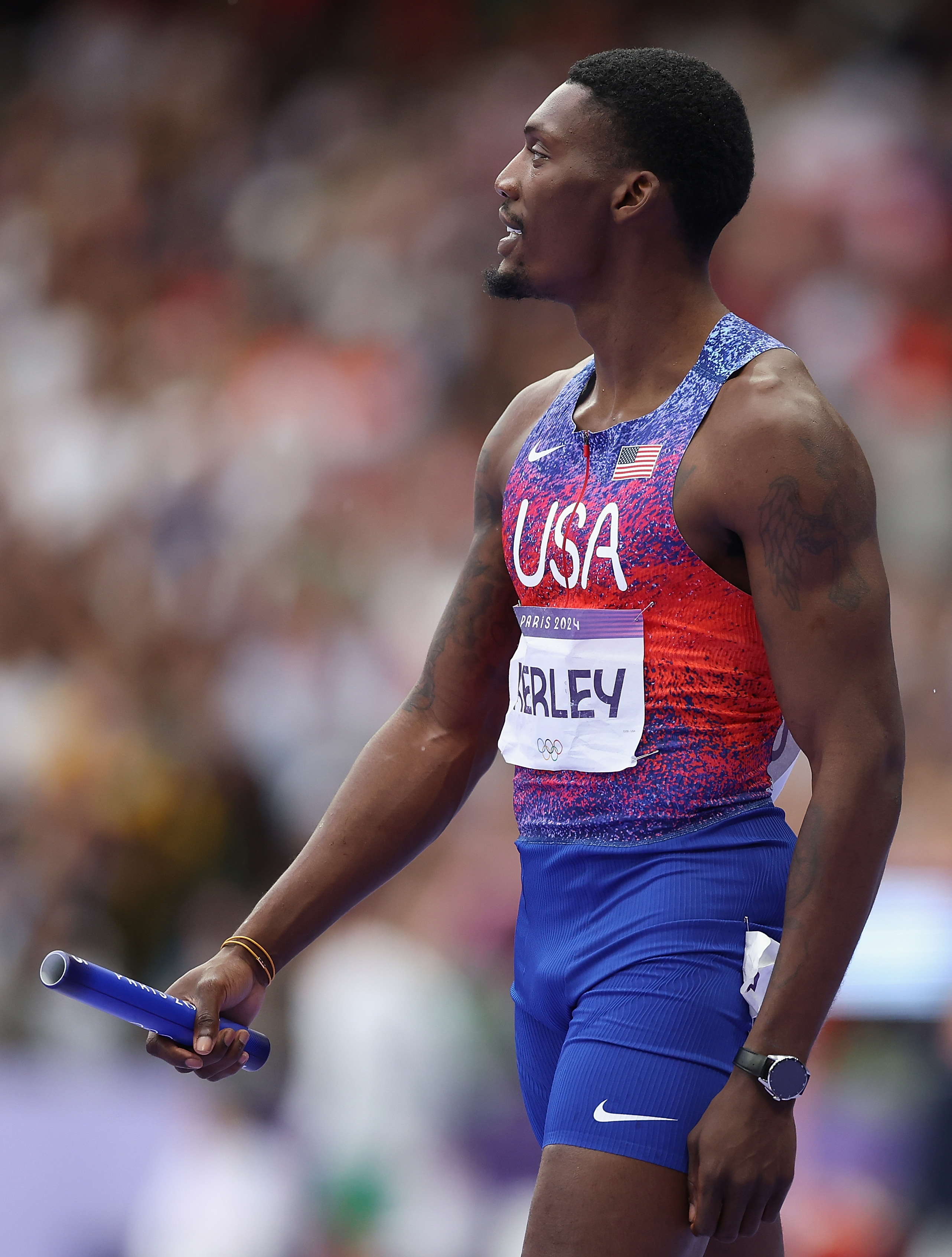 Fred Kerley after competing in the Men's 4x100-meter Relay Final during the 2024 Summer Olympics on August 9, in France. | Source: Getty Images