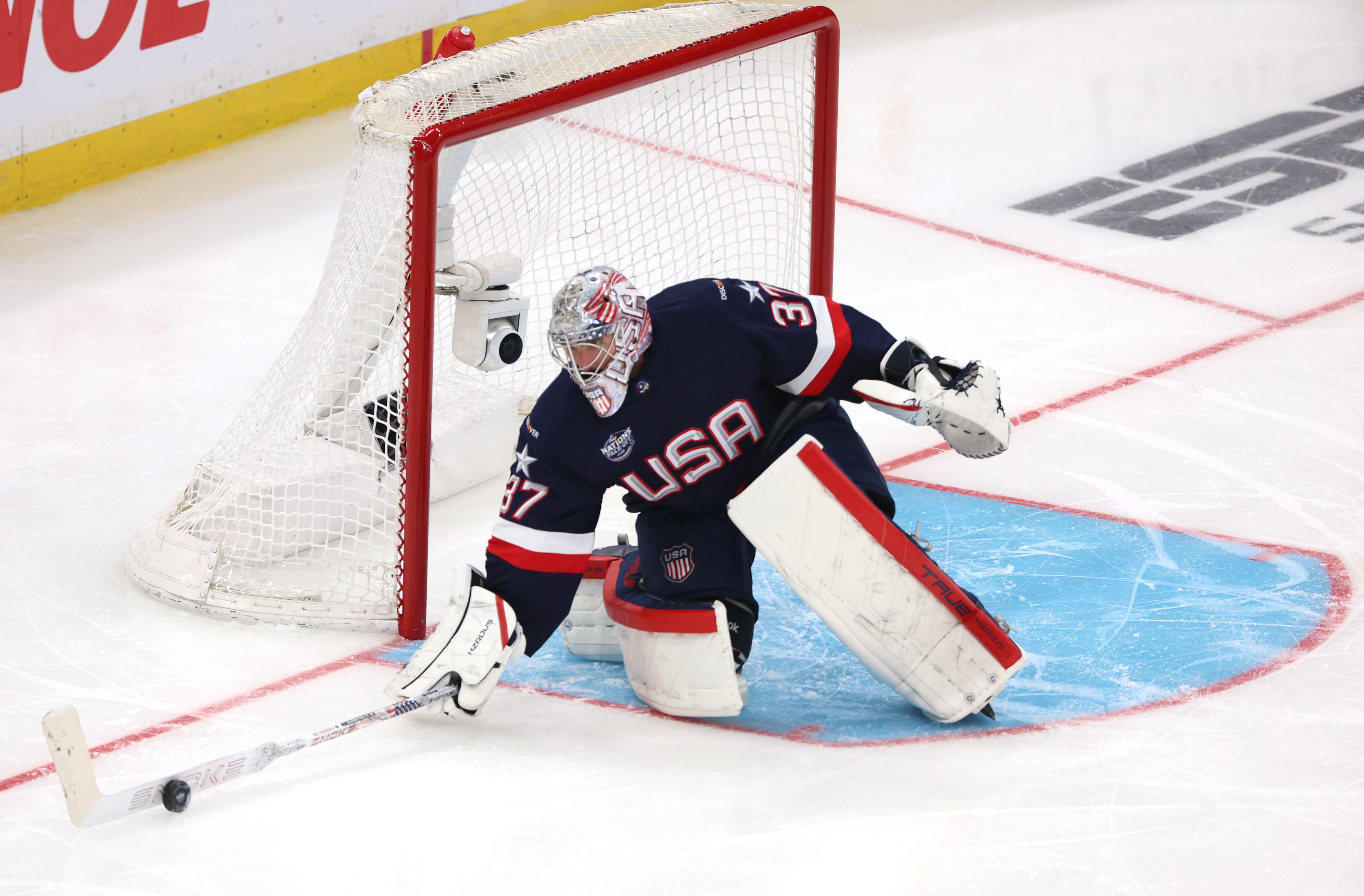 Connor Hellebuyck #37 of Team United States stops the puck with the paddle of his stick on February 20, 2025 | Source: Getty Images