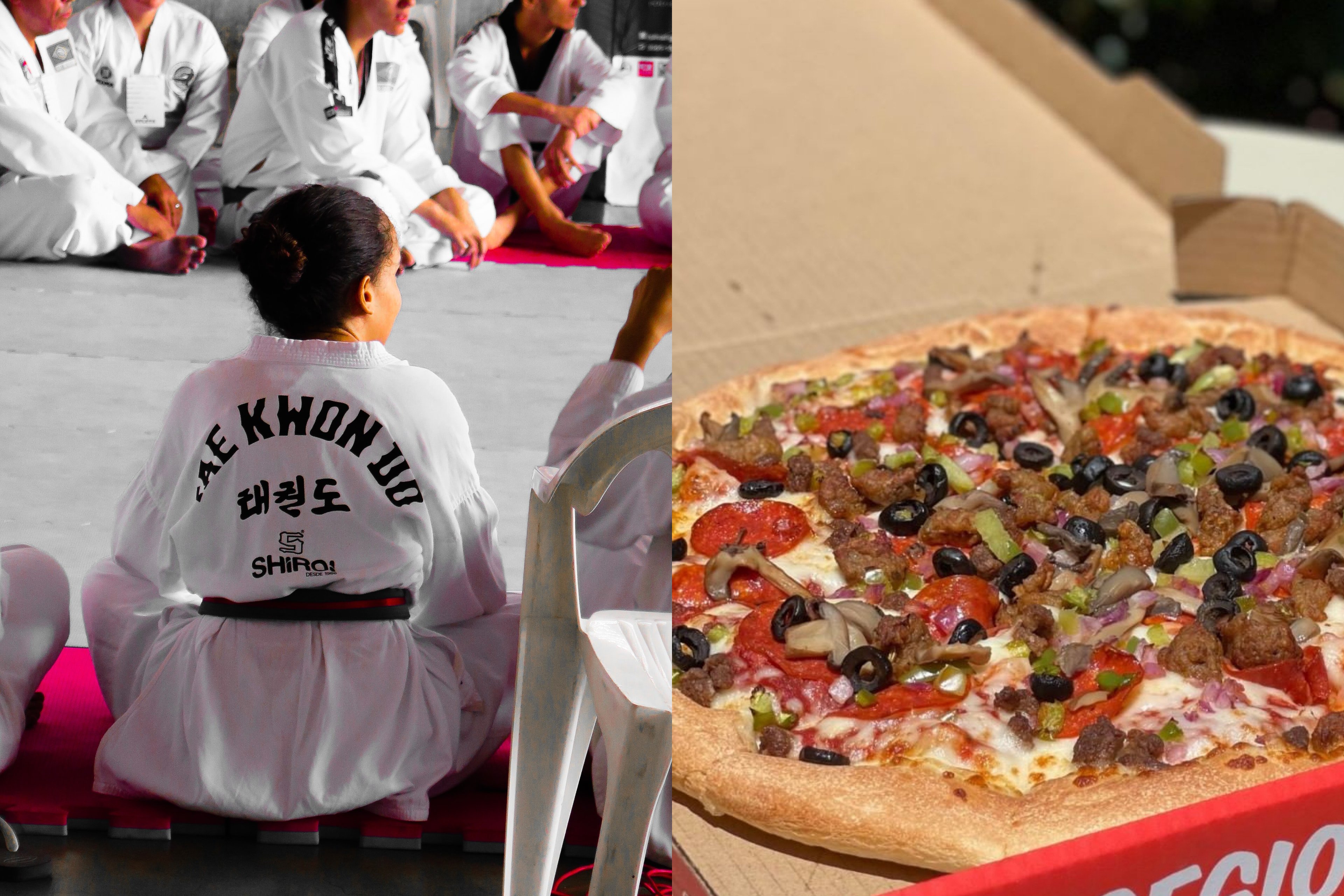 Taekwondo students sitting on a mat alongside a box of Supreme Pizza | Source: Unsplash - Instagram