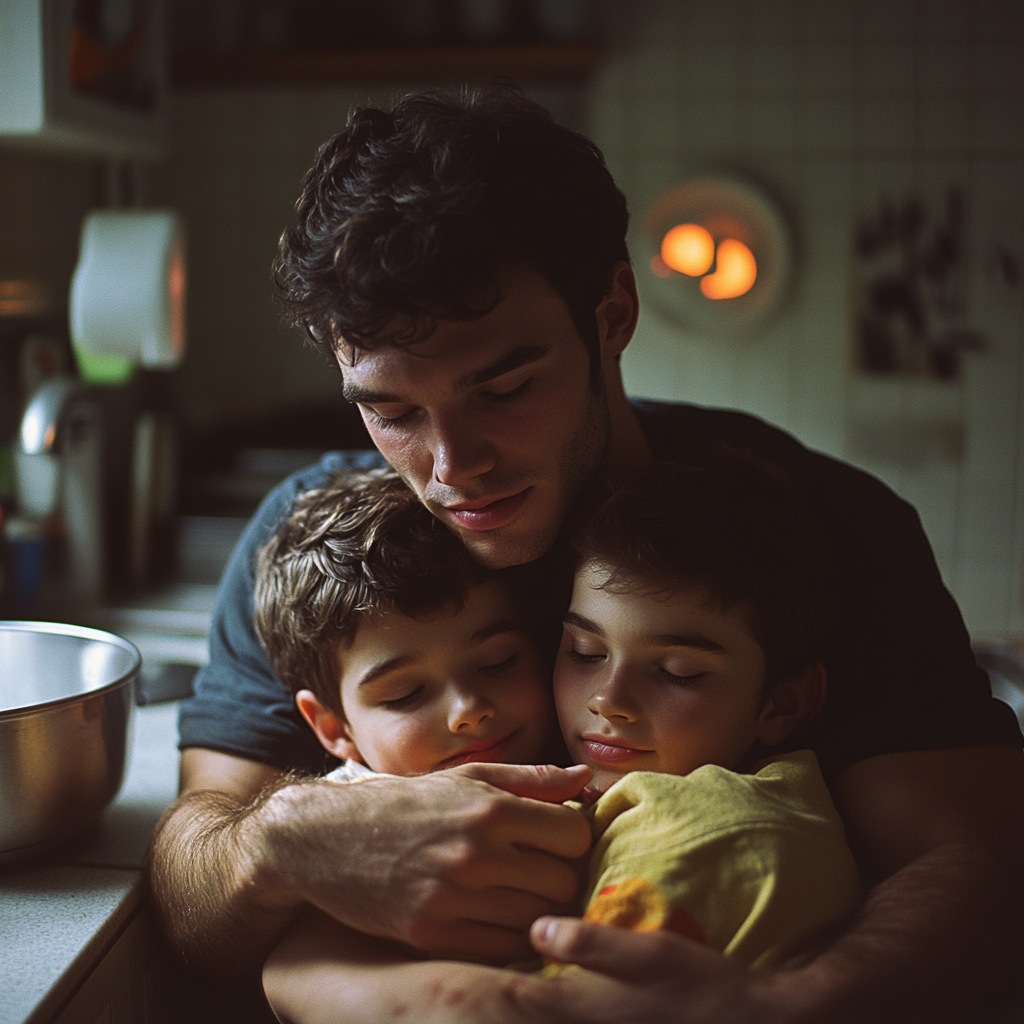 A man hugging children | Source: Midjourney