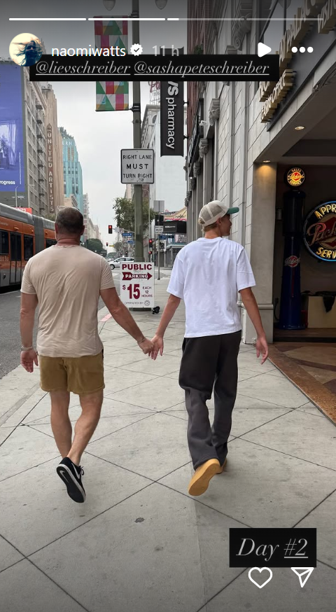 Liev Schreiber and his son Sasha walk hand in hand, from a post dated August 19, 2025 | Source: Instagram Story/naomiwatts