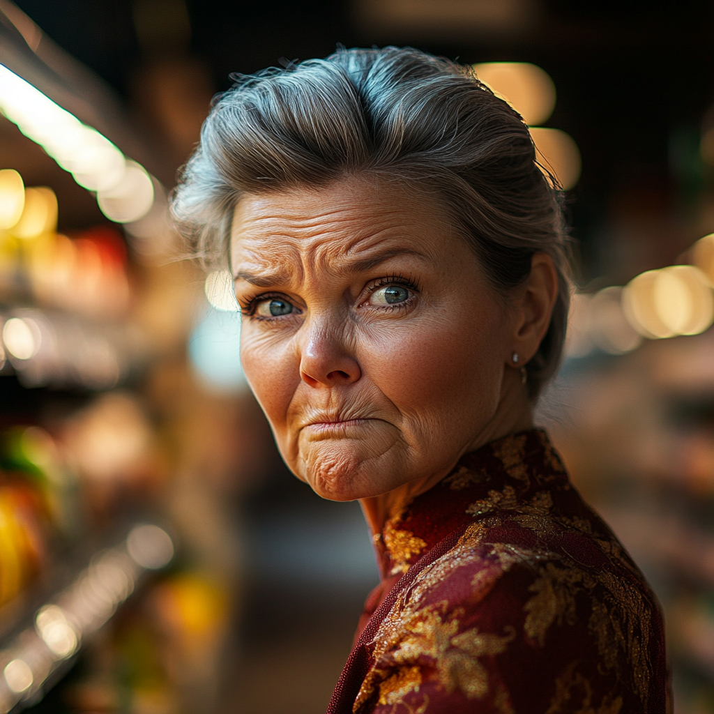 An annoyed senior woman in a grocery store | Source: Midjourney